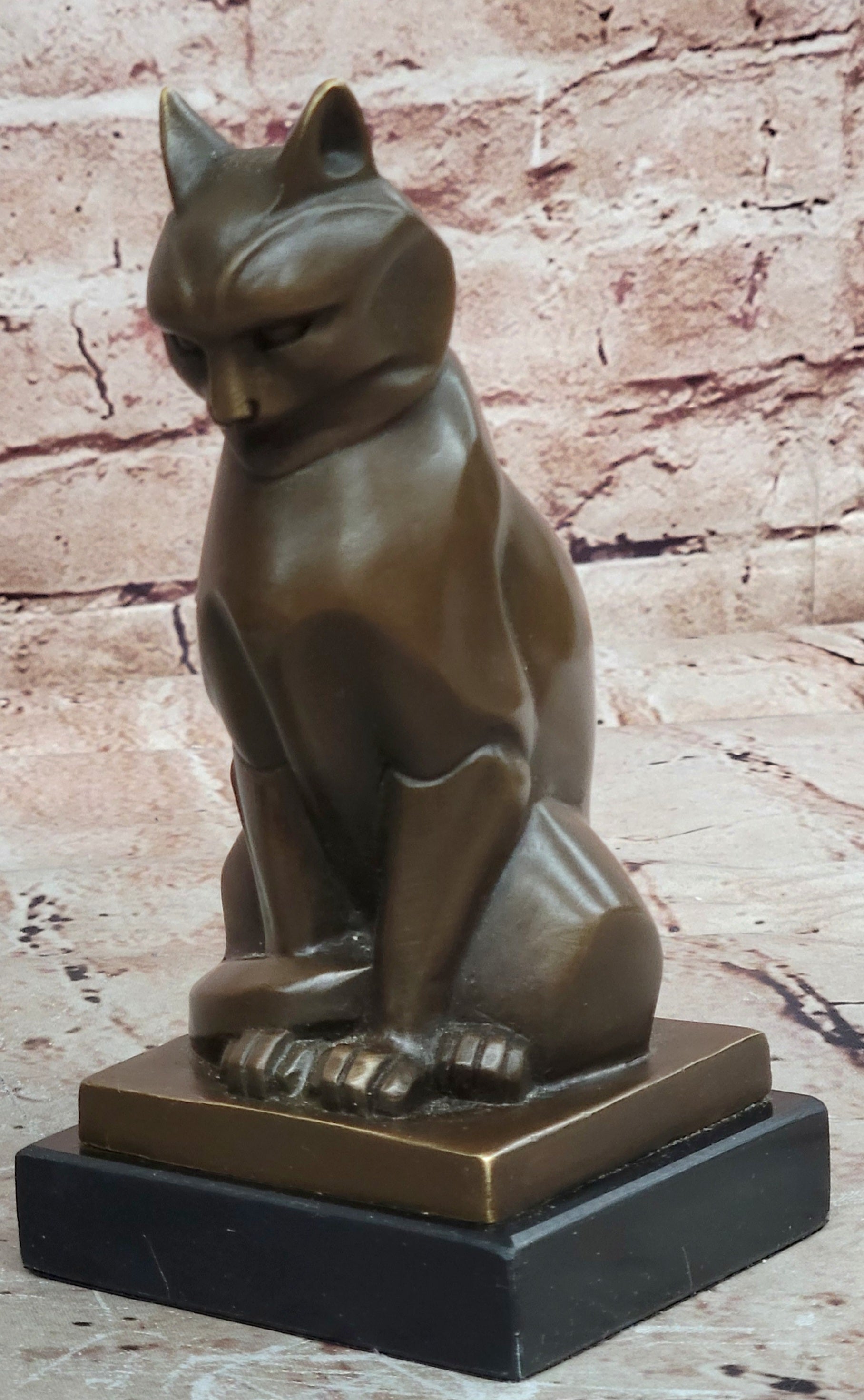 Cubist Bronze Cat Statue Sculpture for Cat Lovers, Elegant Sitting Cat Figurine
