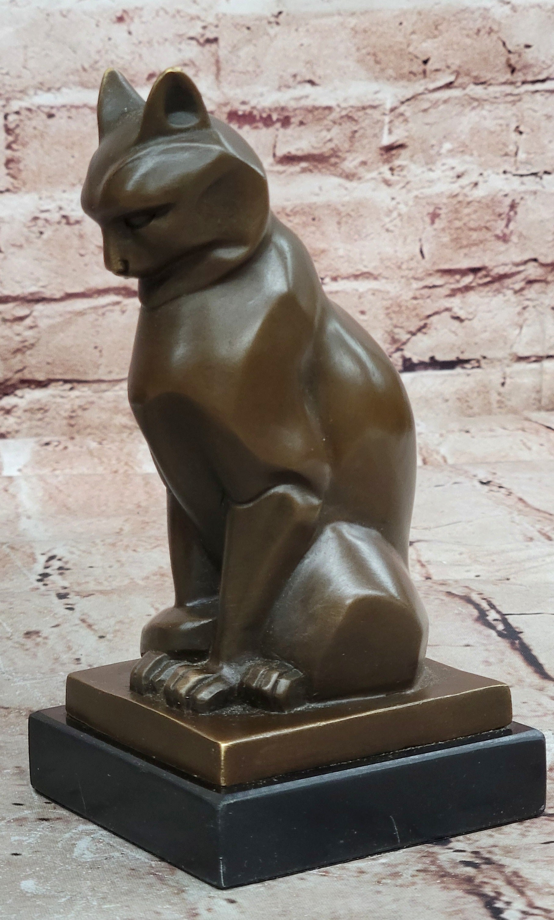 Cubist Bronze Cat Statue Sculpture for Cat Lovers, Elegant Sitting Cat Figurine