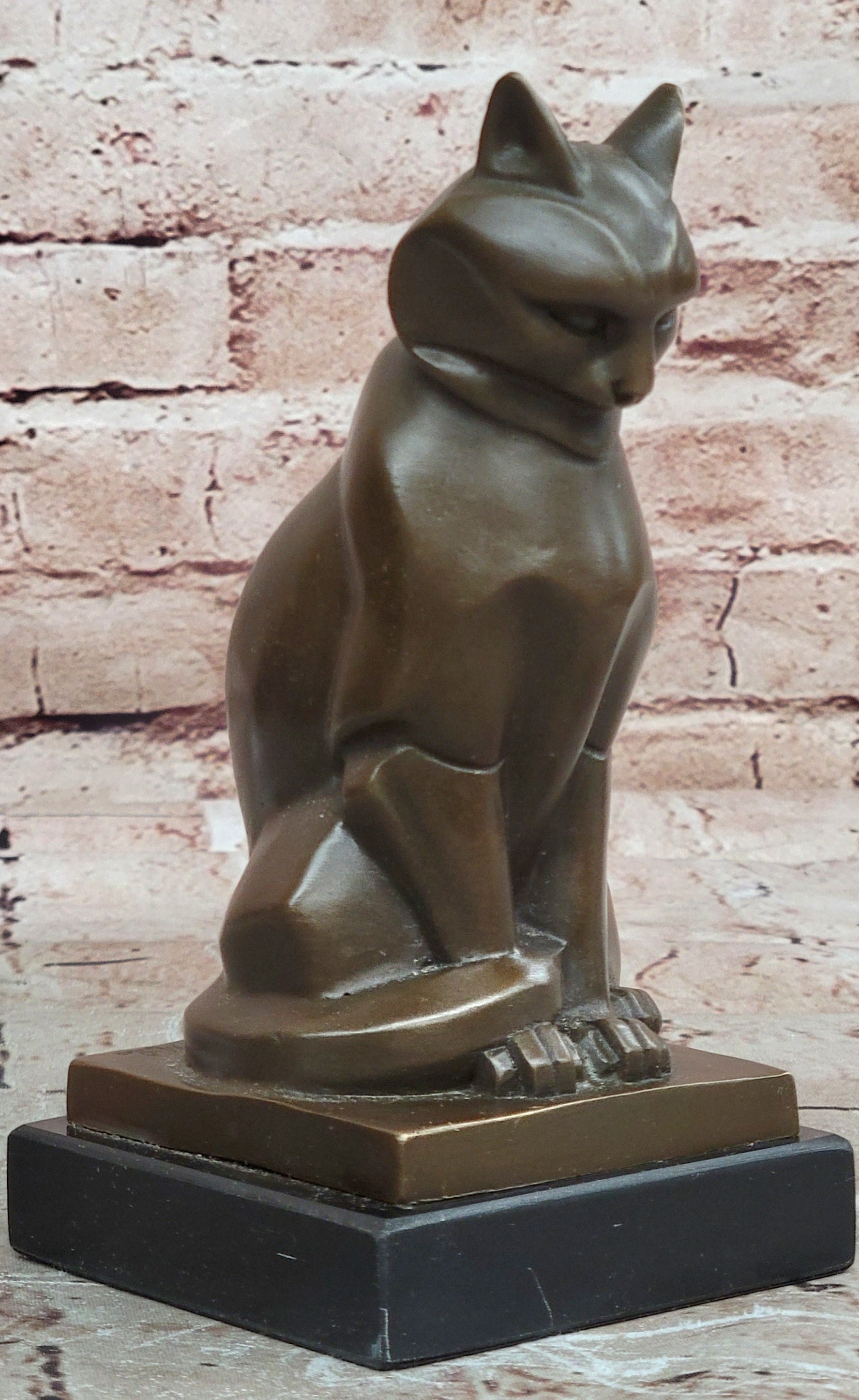 Cubist Bronze Cat Statue Sculpture for Cat Lovers, Elegant Sitting Cat Figurine