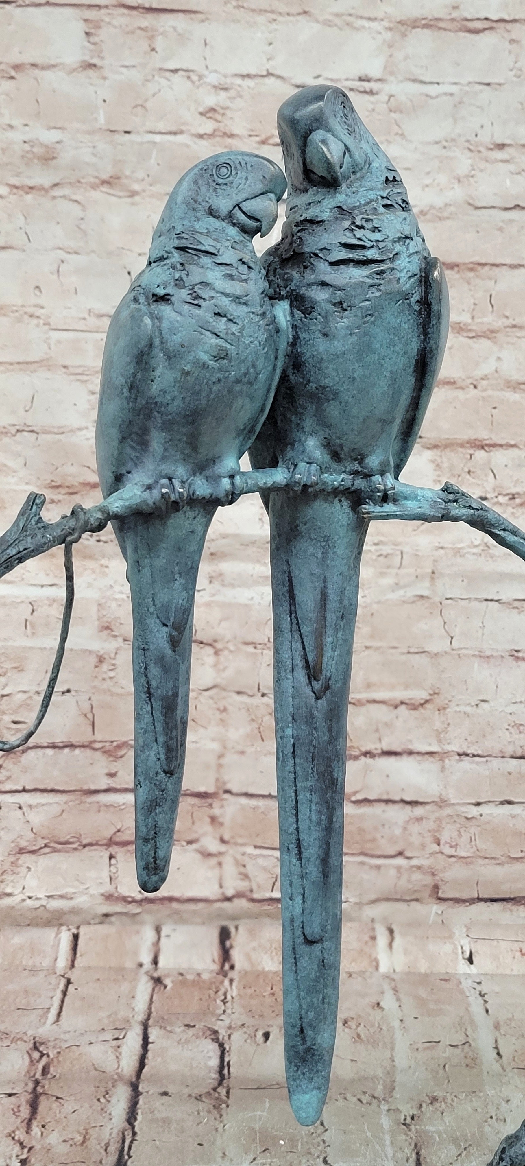 Bronze Sculpture Parrot Pair on Ring Marble Base Green Patina Figurine Statue