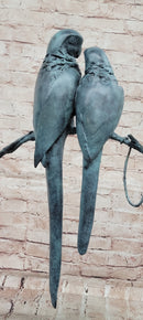 Bronze Sculpture Parrot Pair on Ring Marble Base Green Patina Figurine Statue