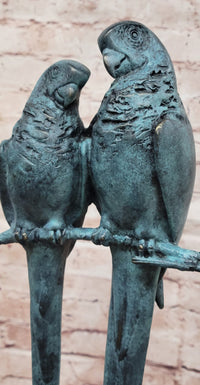 Bronze Sculpture Parrot Pair on Ring Marble Base Green Patina Figurine Statue