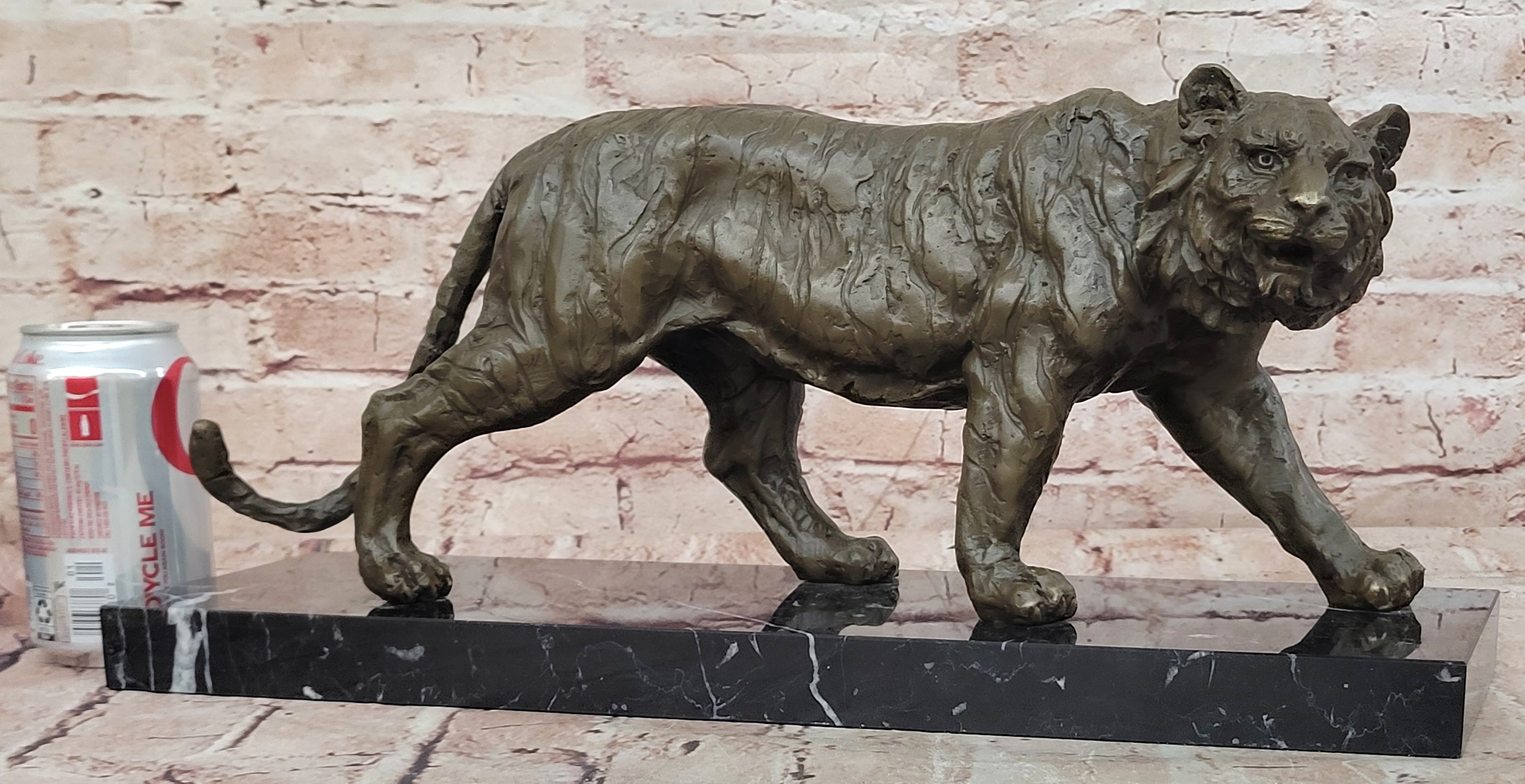 Bronze Sculpture of a Stalking Tiger W/ Brown Patina on a Marble Plinth Sale