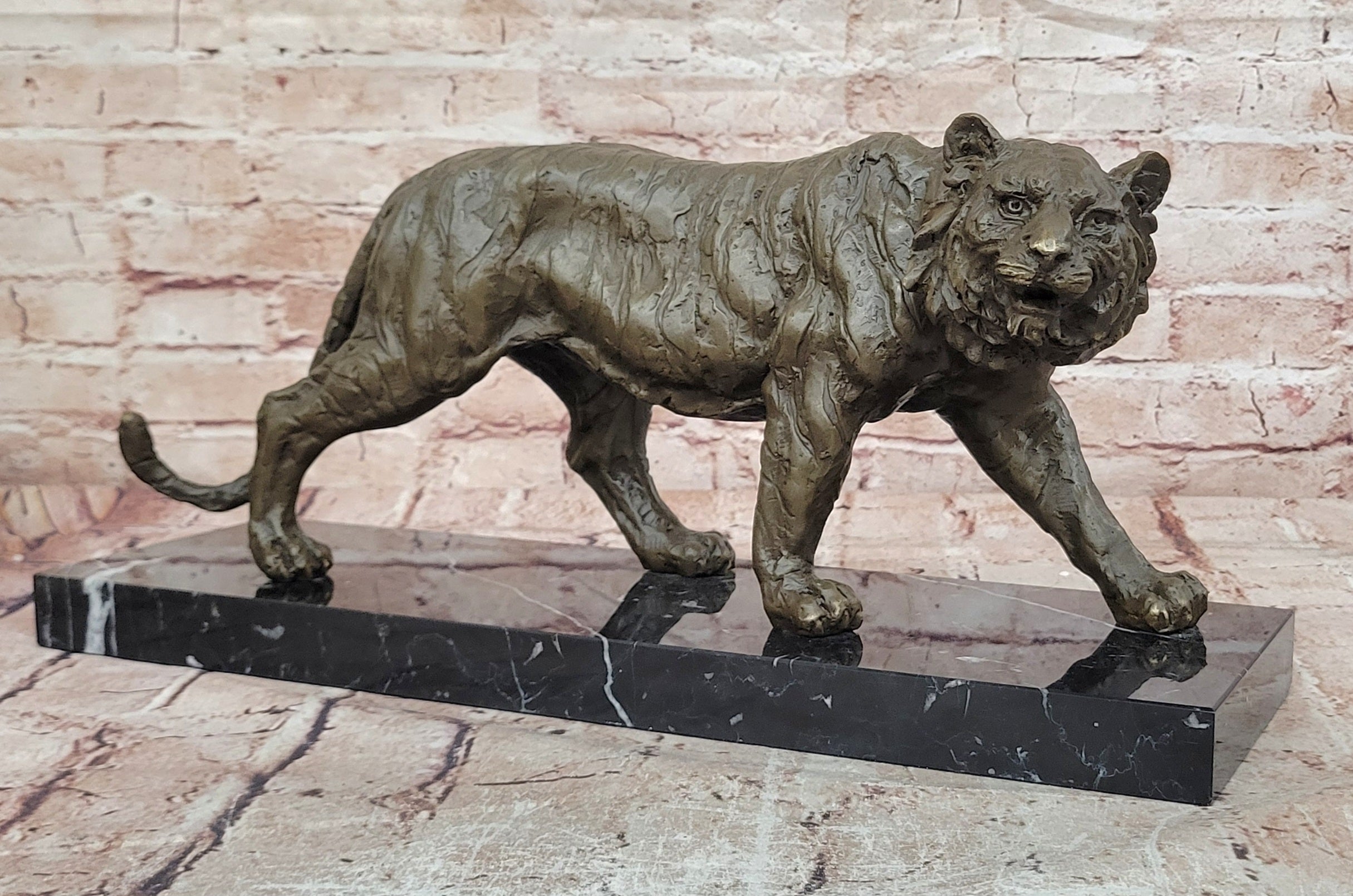 Bronze Sculpture of a Stalking Tiger W/ Brown Patina on a Marble Plinth Sale