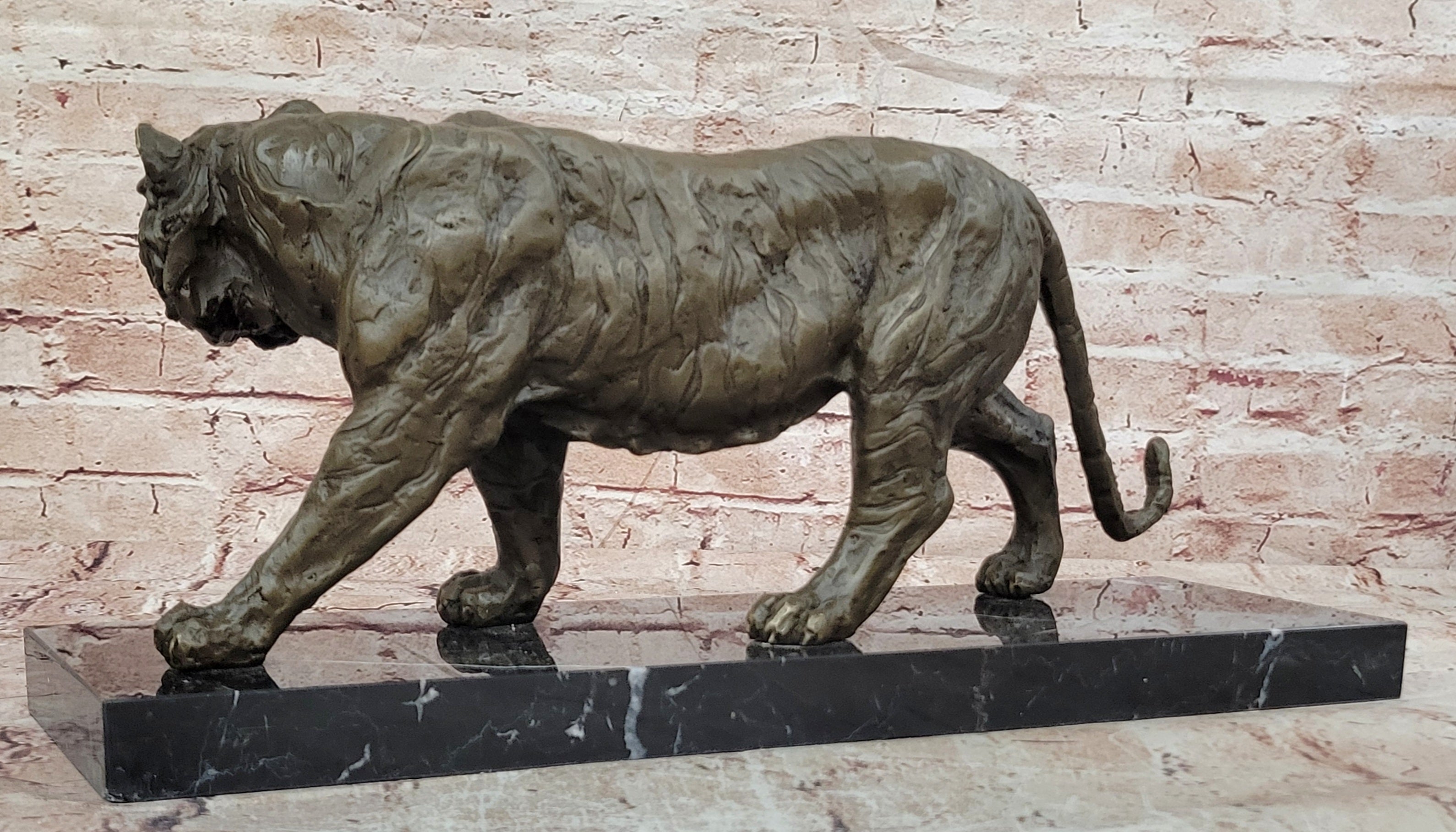 Bronze Sculpture of a Stalking Tiger W/ Brown Patina on a Marble Plinth Sale