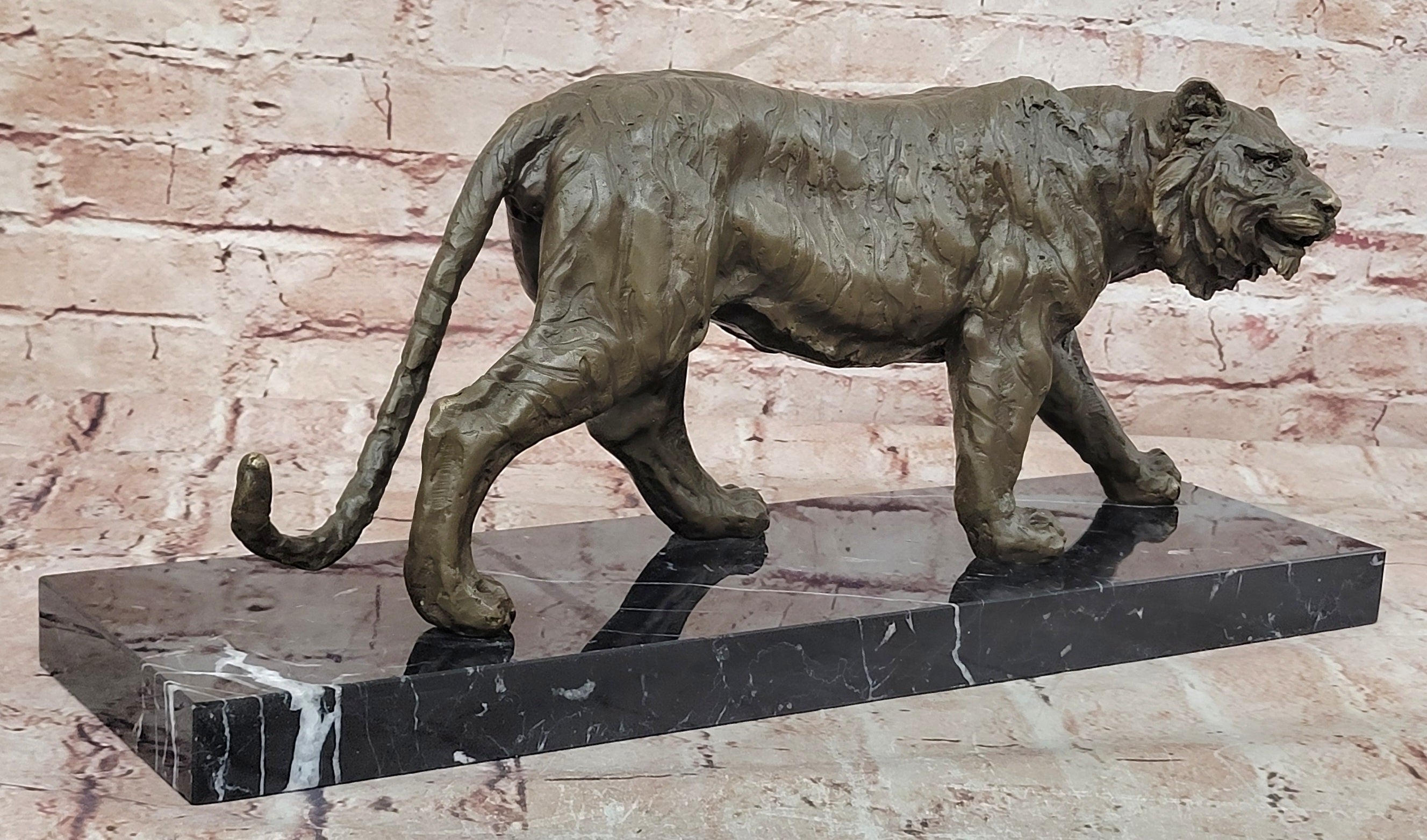 Bronze Sculpture of a Stalking Tiger W/ Brown Patina on a Marble Plinth Sale