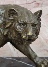 Bronze Sculpture of a Stalking Tiger W/ Brown Patina on a Marble Plinth Sale