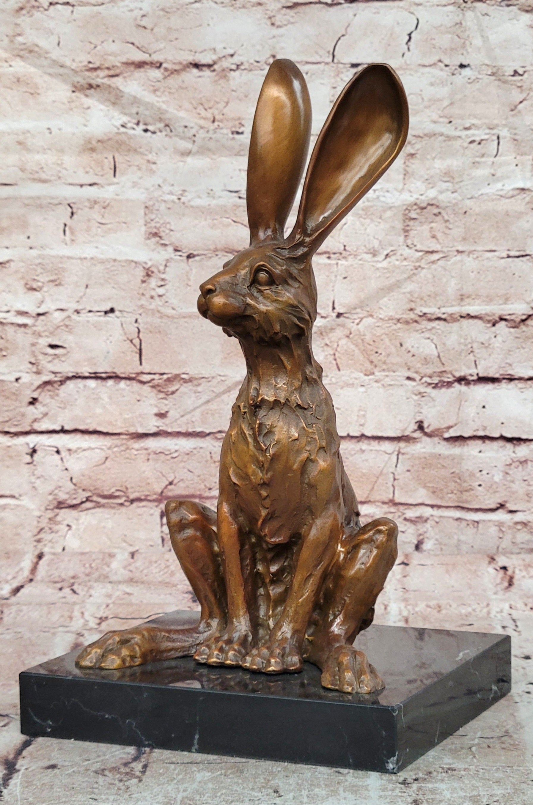 Signed Original Milo Bronze Sculpture Sitting Hare on Marble Pedestal Statue