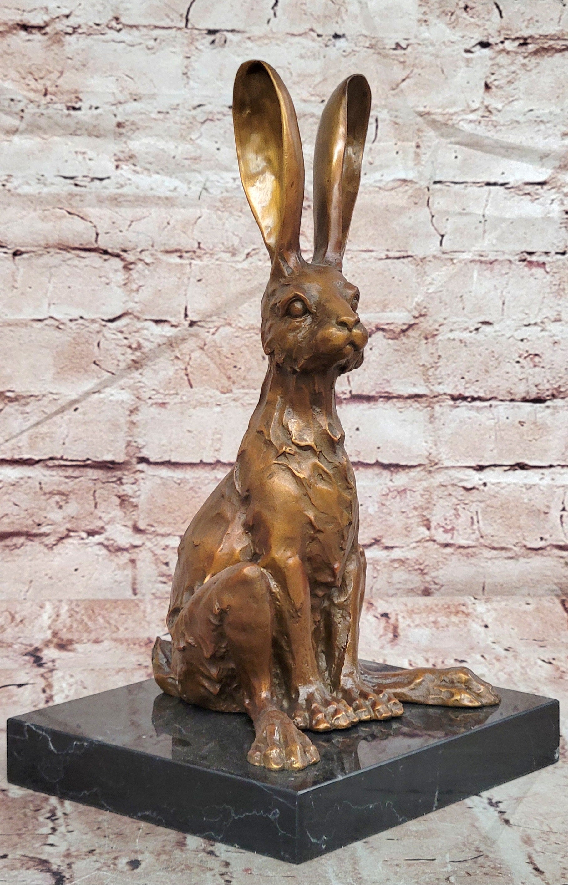 Signed Original Milo Bronze Sculpture Sitting Hare on Marble Pedestal Statue