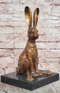 Signed Original Milo Bronze Sculpture Sitting Hare on Marble Pedestal Statue