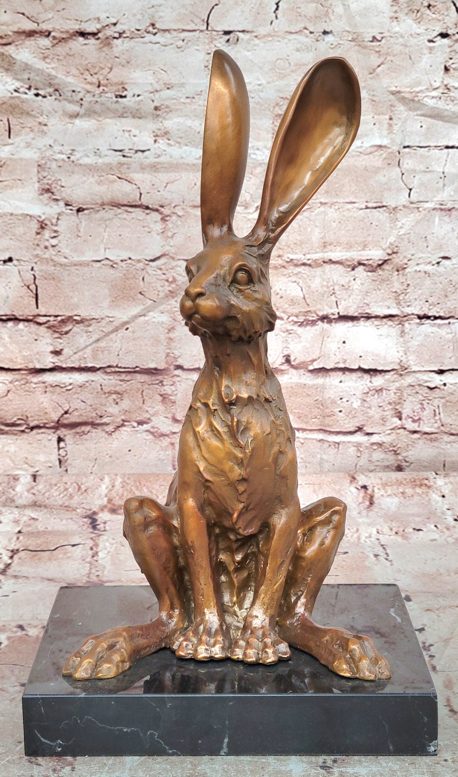 Signed Original Milo Bronze Sculpture Sitting Hare on Marble Pedestal Statue