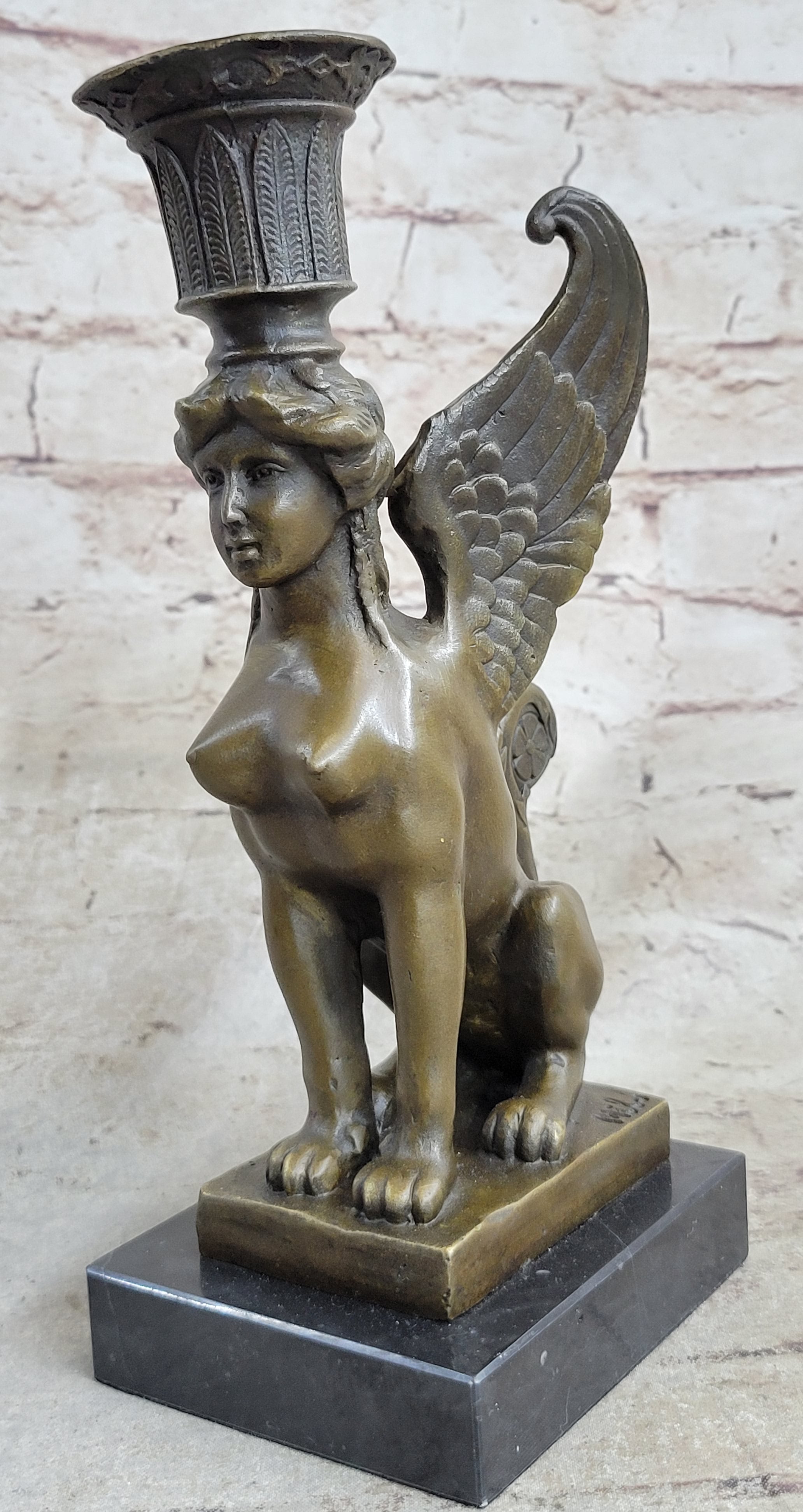 Art Deco Sphinx Bronze Candle Holder Marble Base
