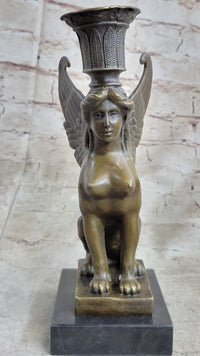 Art Deco Sphinx Bronze Candle Holder Marble Base