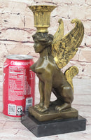 Hot Cast Bronze Nude Female Winged Sphinx Candleholder Candelabra Sculpture Marble Base