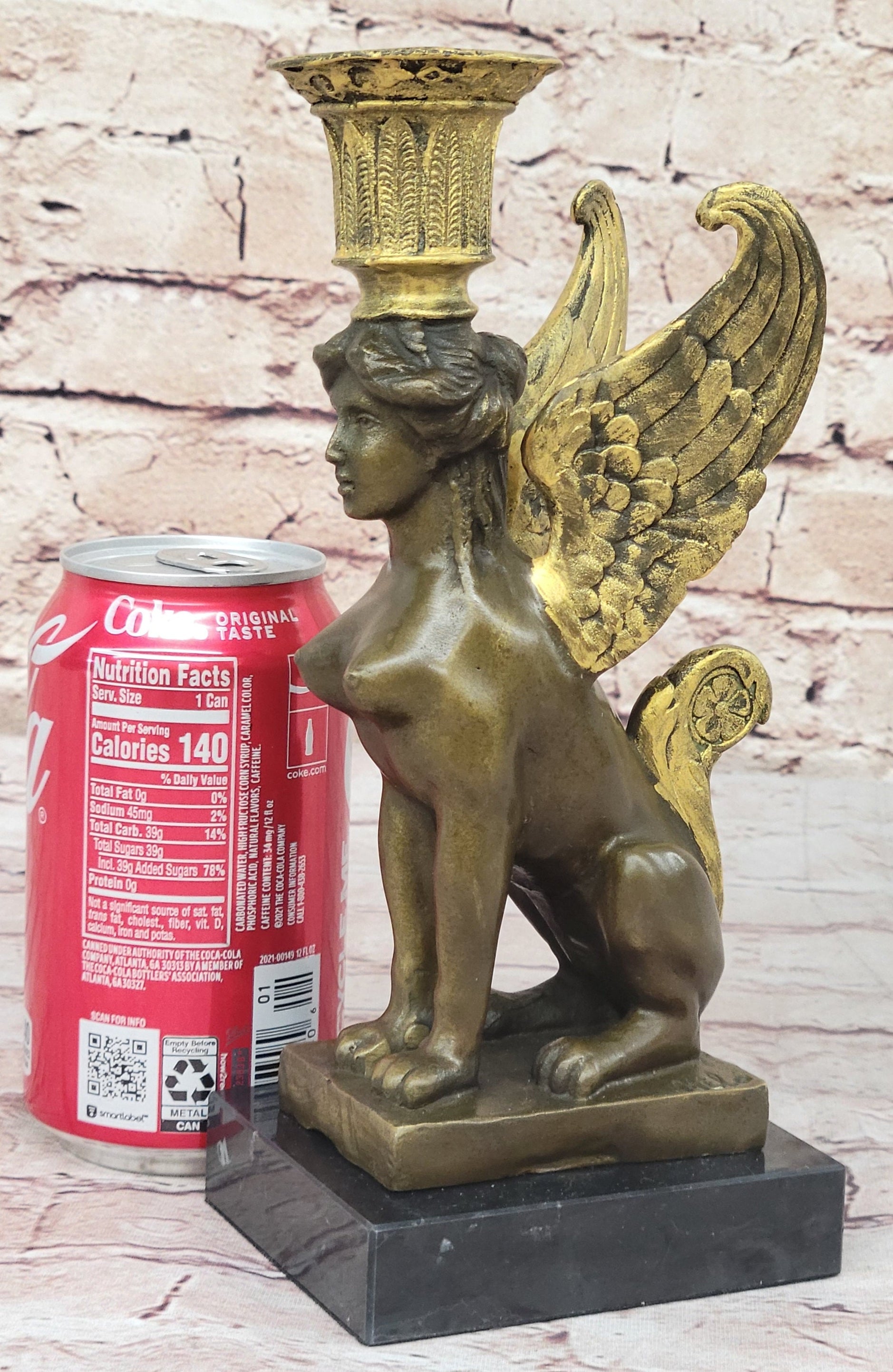 Hot Cast Bronze Nude Female Winged Sphinx Candleholder Candelabra Sculpture Marble Base