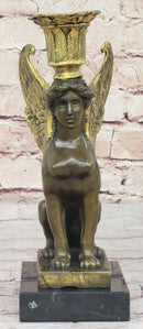Hot Cast Bronze Nude Female Winged Sphinx Candleholder Candelabra Sculpture Marble Base