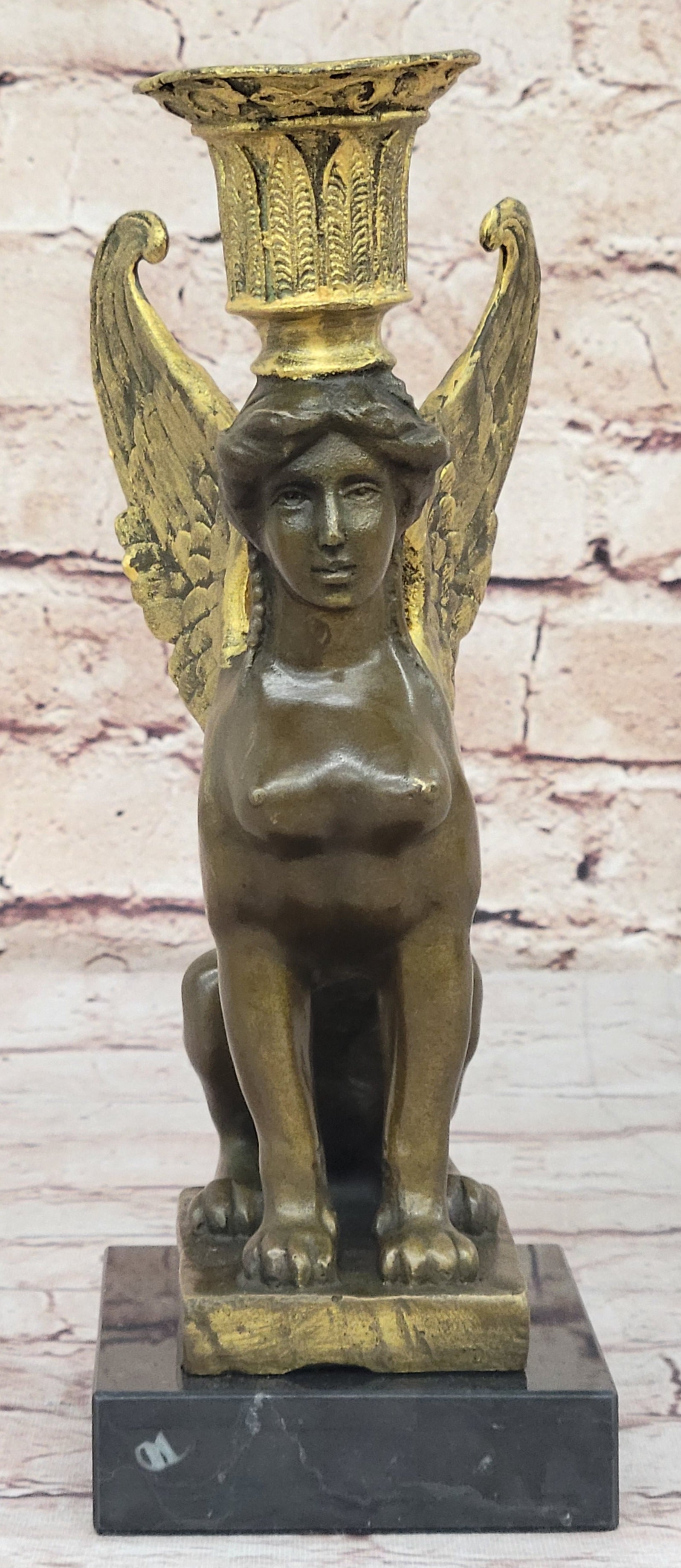 Hot Cast Bronze Nude Female Winged Sphinx Candleholder Candelabra Sculpture Marble Base