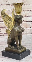 Hot Cast Bronze Nude Female Winged Sphinx Candleholder Candelabra Sculpture Marble Base