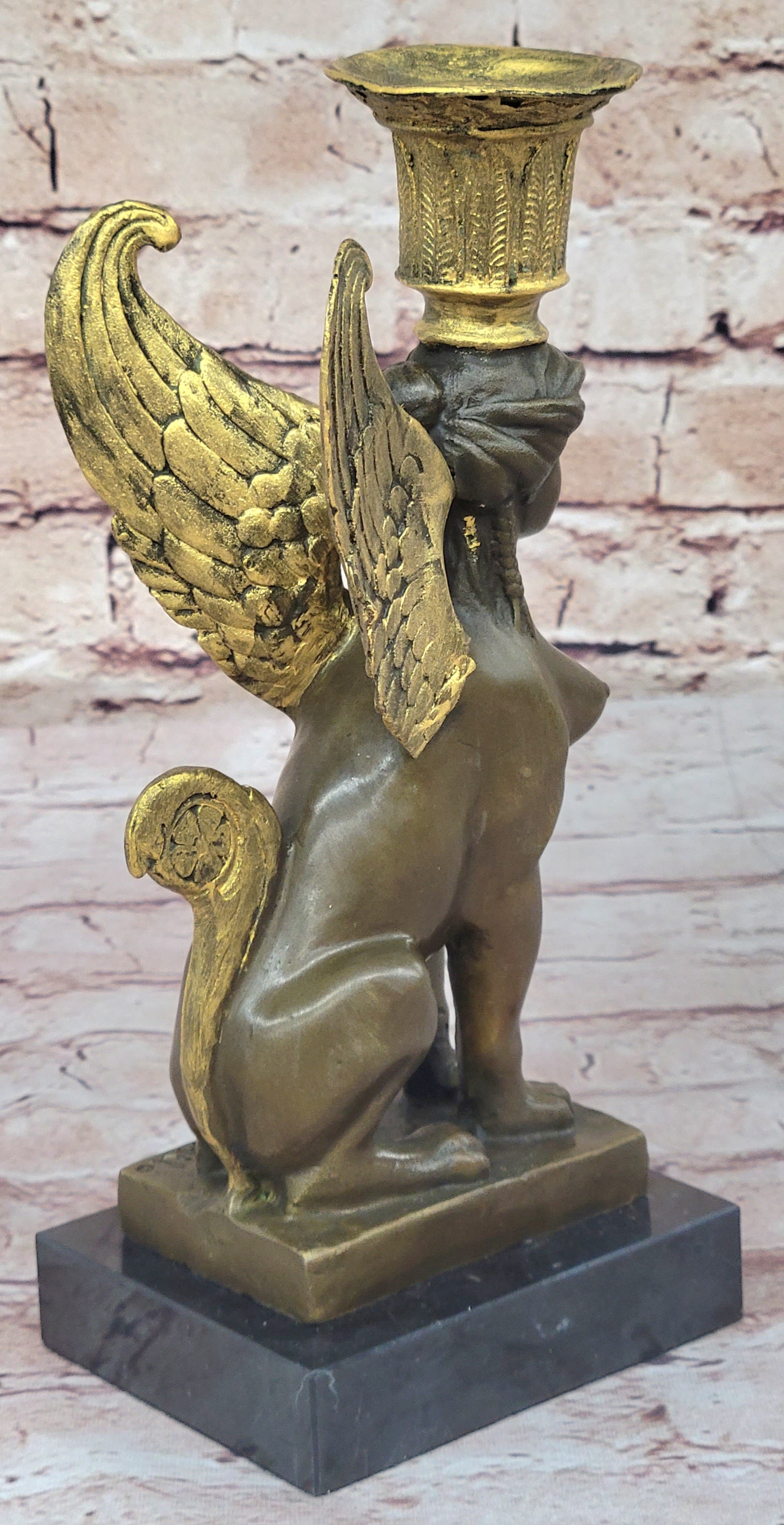 Hot Cast Bronze Nude Female Winged Sphinx Candleholder Candelabra Sculpture Marble Base