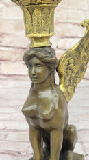 Hot Cast Bronze Nude Female Winged Sphinx Candleholder Candelabra Sculpture Marble Base