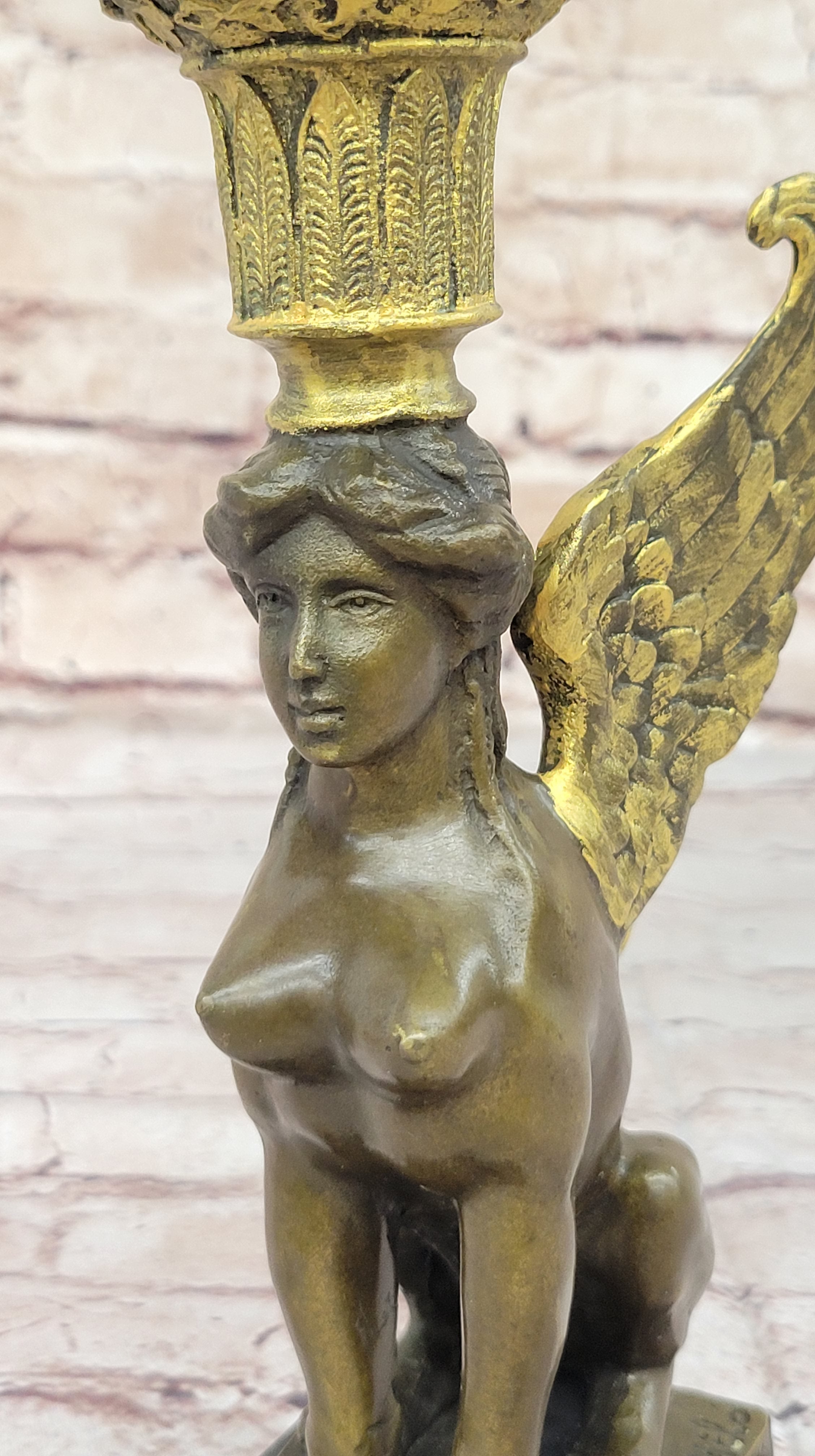 Hot Cast Bronze Nude Female Winged Sphinx Candleholder Candelabra Sculpture Marble Base