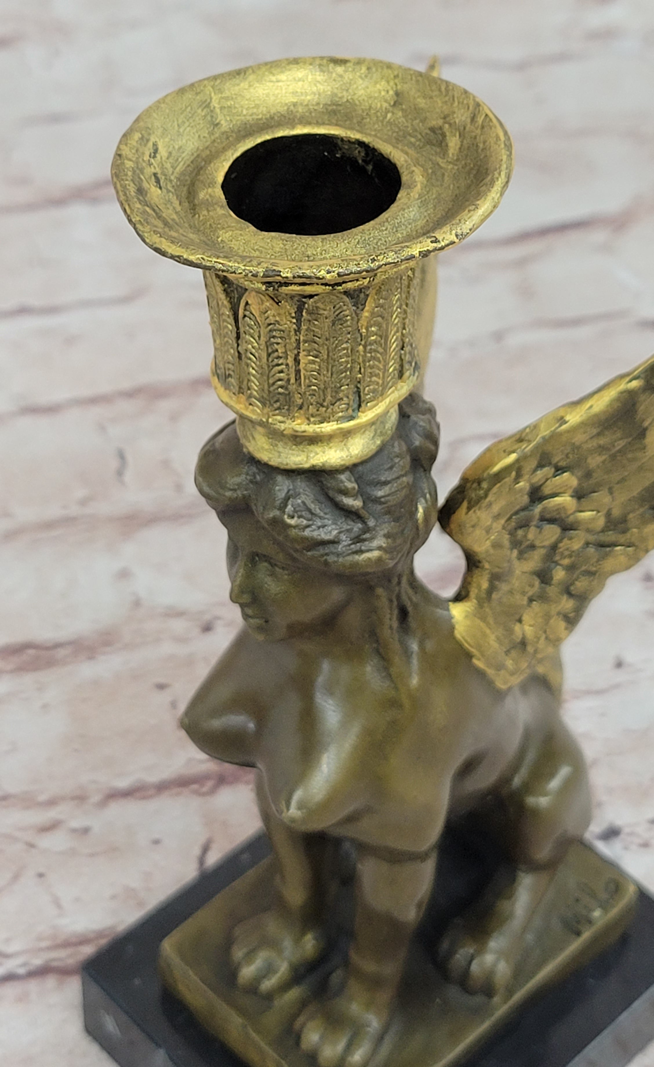 Hot Cast Bronze Nude Female Winged Sphinx Candleholder Candelabra Sculpture Marble Base