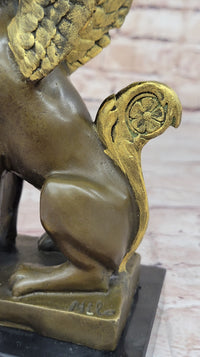 Hot Cast Bronze Nude Female Winged Sphinx Candleholder Candelabra Sculpture Marble Base