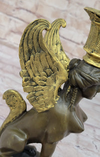 Hot Cast Bronze Nude Female Winged Sphinx Candleholder Candelabra Sculpture Marble Base