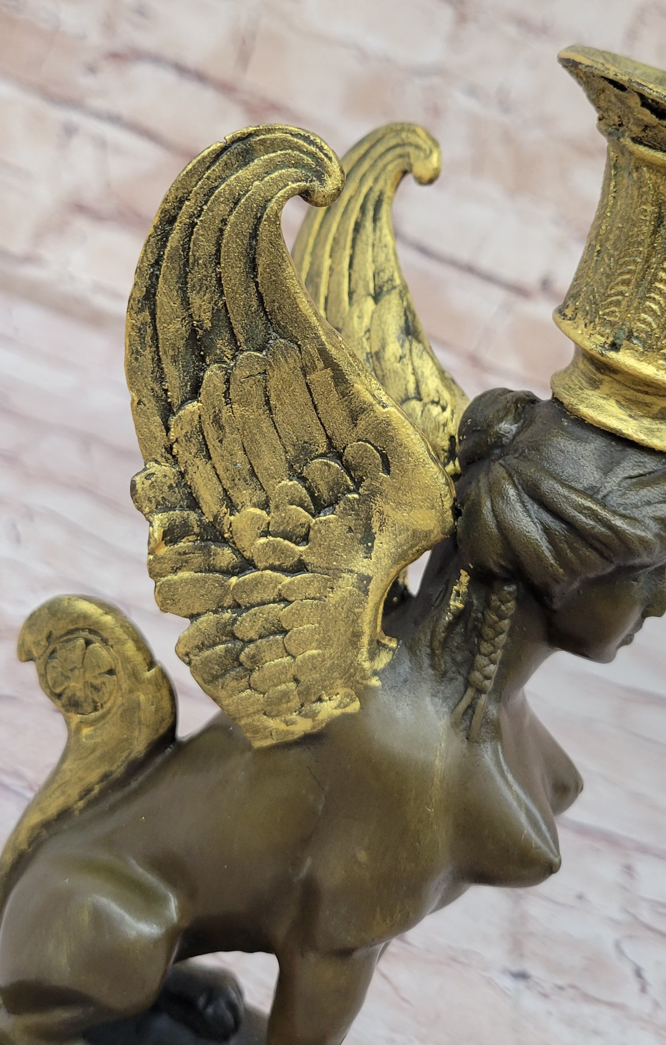 Hot Cast Bronze Nude Female Winged Sphinx Candleholder Candelabra Sculpture Marble Base