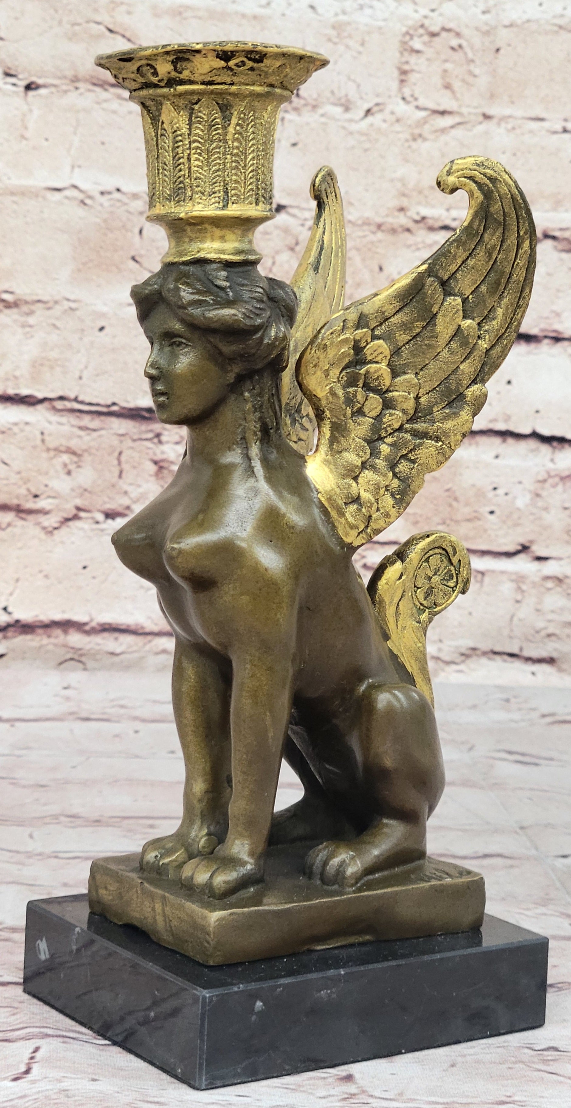 Hot Cast Bronze Nude Female Winged Sphinx Candleholder Candelabra Sculpture Marble Base