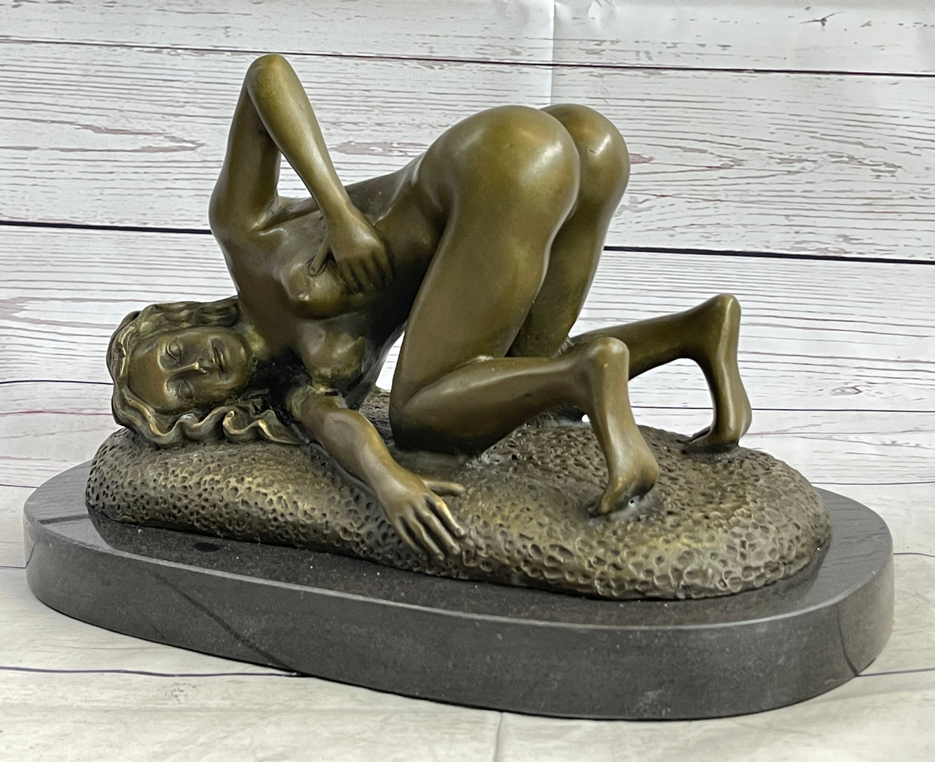 Erotic Nude Girl Bronze Sculpture Signed Art 9" x 12"