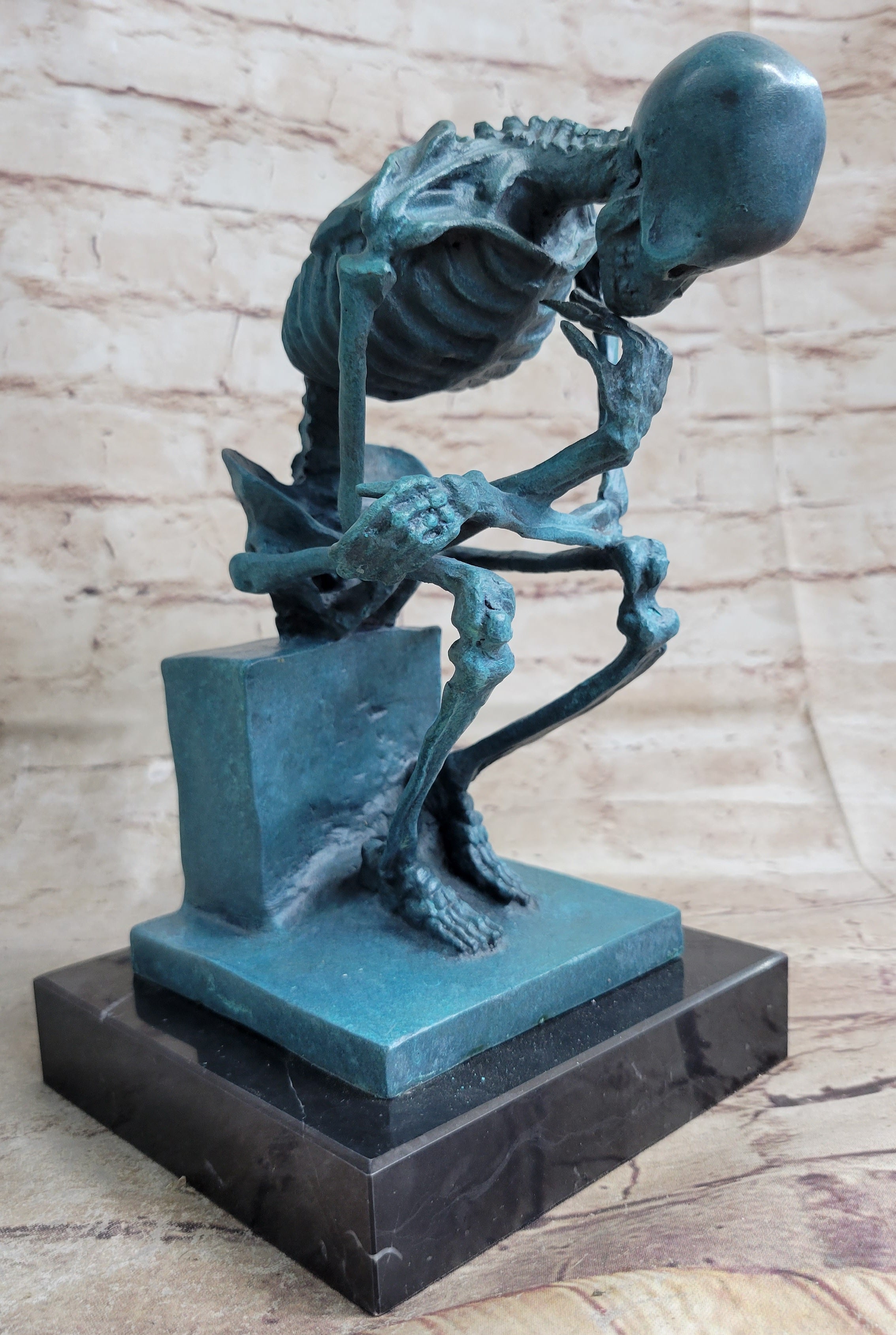The Thinker Skeleton Bronze Metal Sculpture on Marble Base