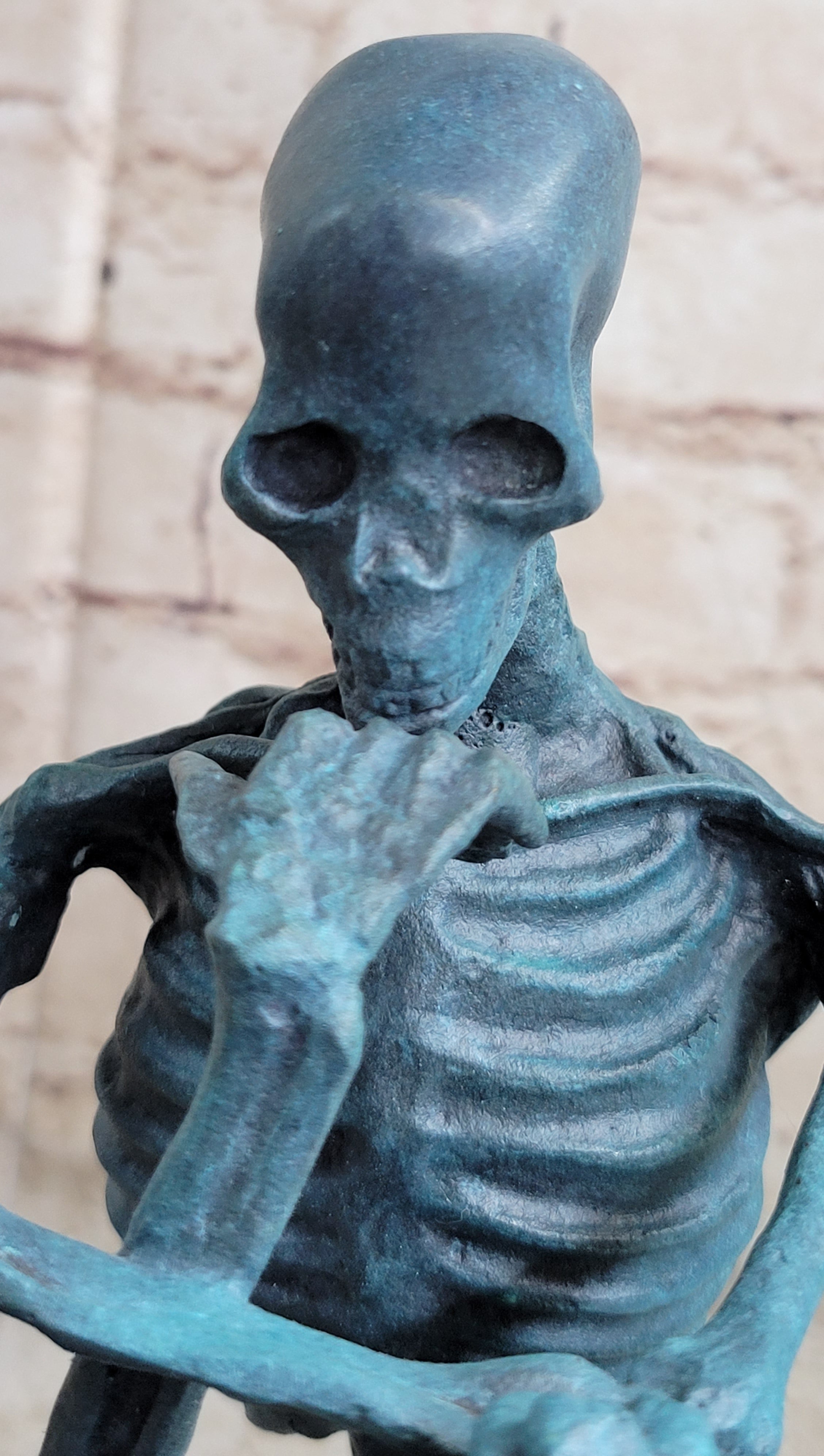 The Thinker Skeleton Bronze Metal Sculpture on Marble Base