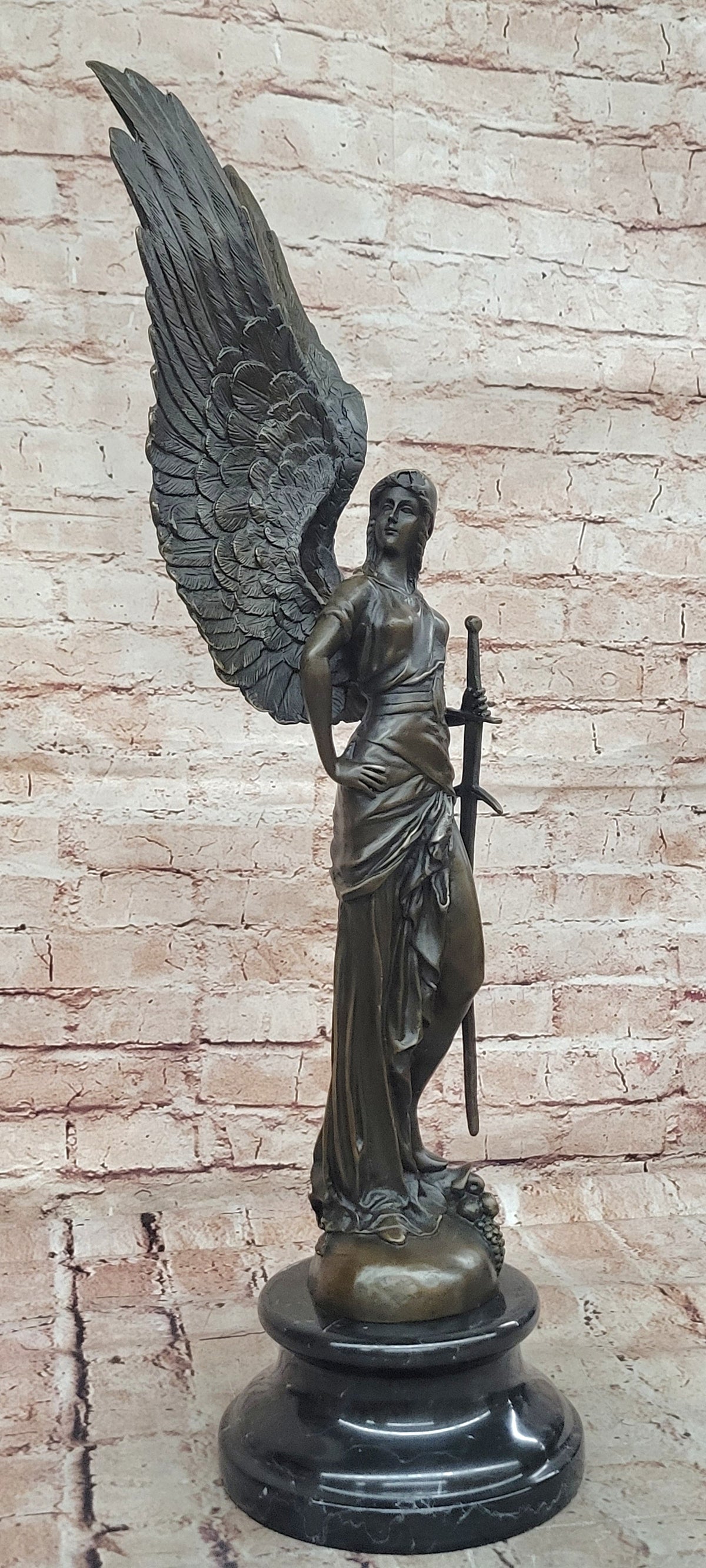 Angel with Sword Bronze Sculpture Signed Art 25" x 8"