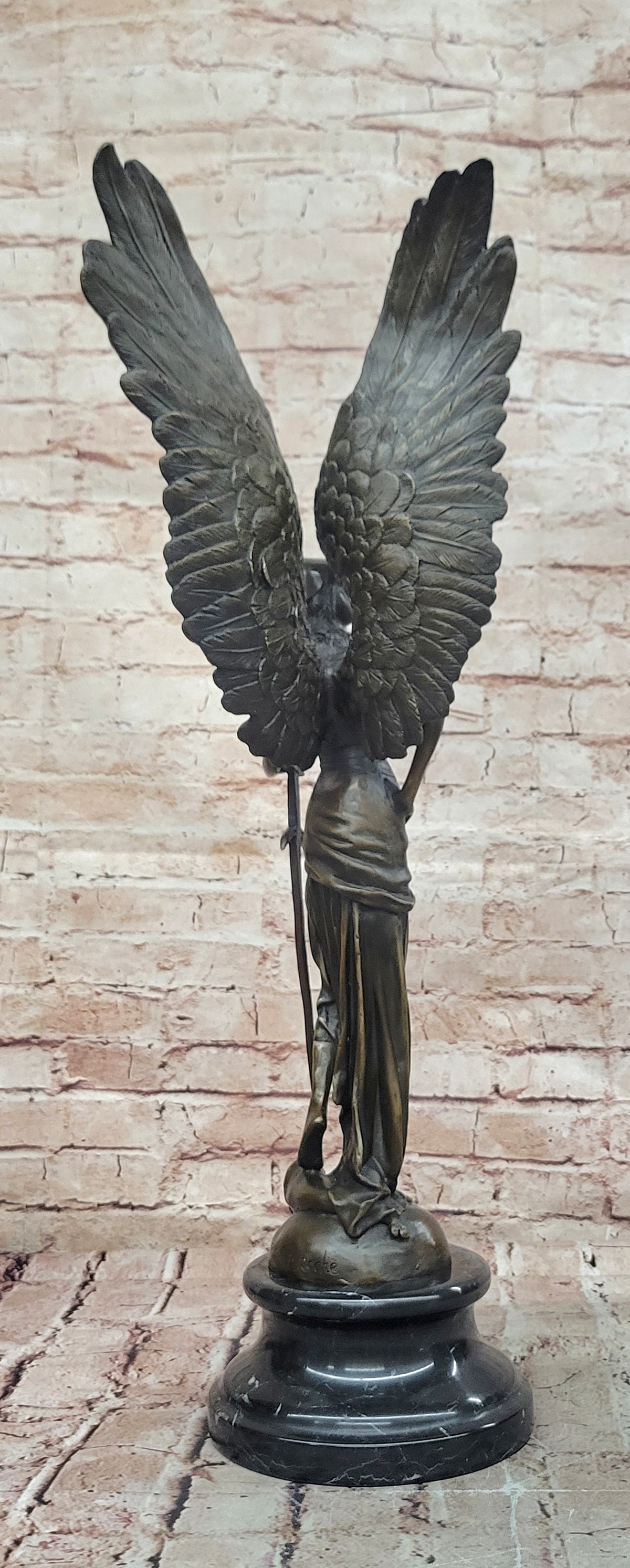 Angel with Sword Bronze Sculpture Signed Art 25" x 8"