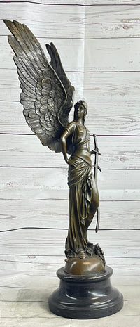 Angel with Sword Bronze Sculpture Signed Art 25" x 8"