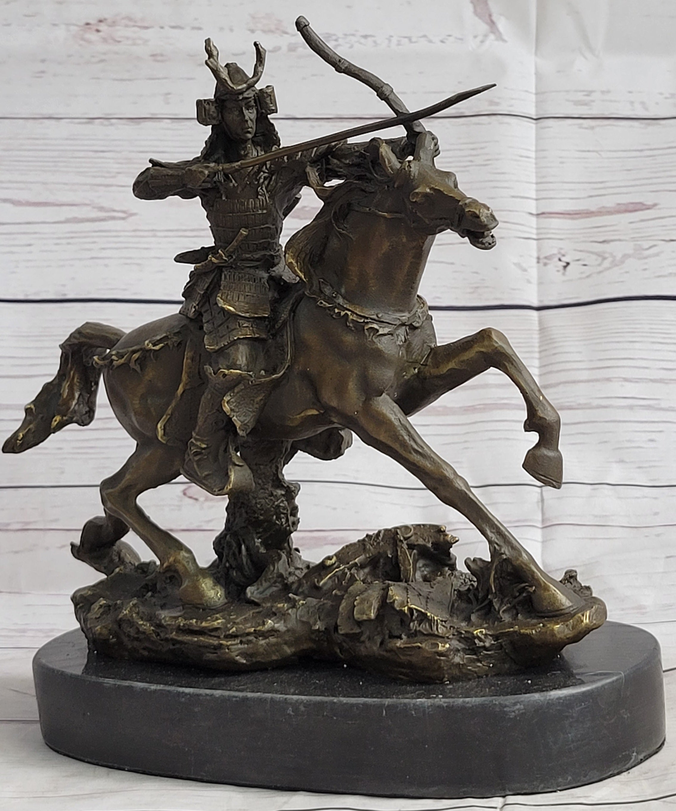 Samurai Warrior on Horse Bronze Sculpture Hot Cast Marble Base
