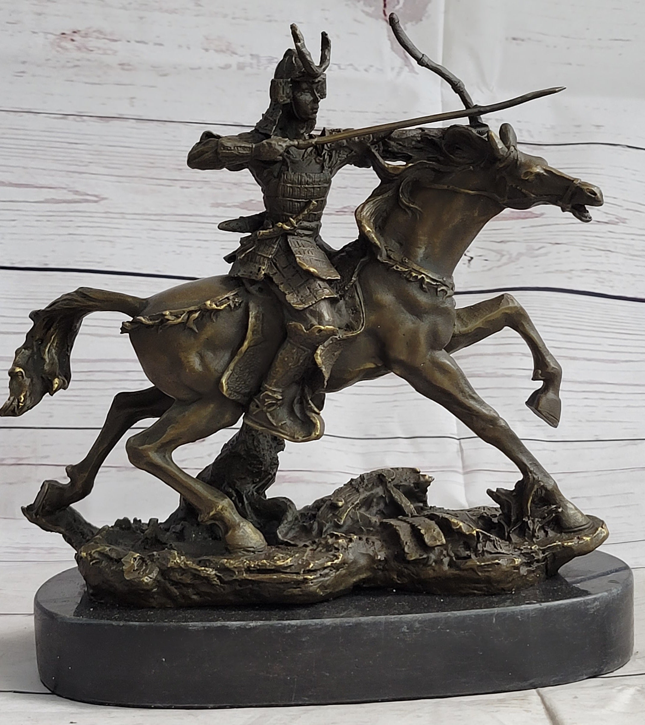 Samurai Warrior on Horse Bronze Sculpture Hot Cast Marble Base