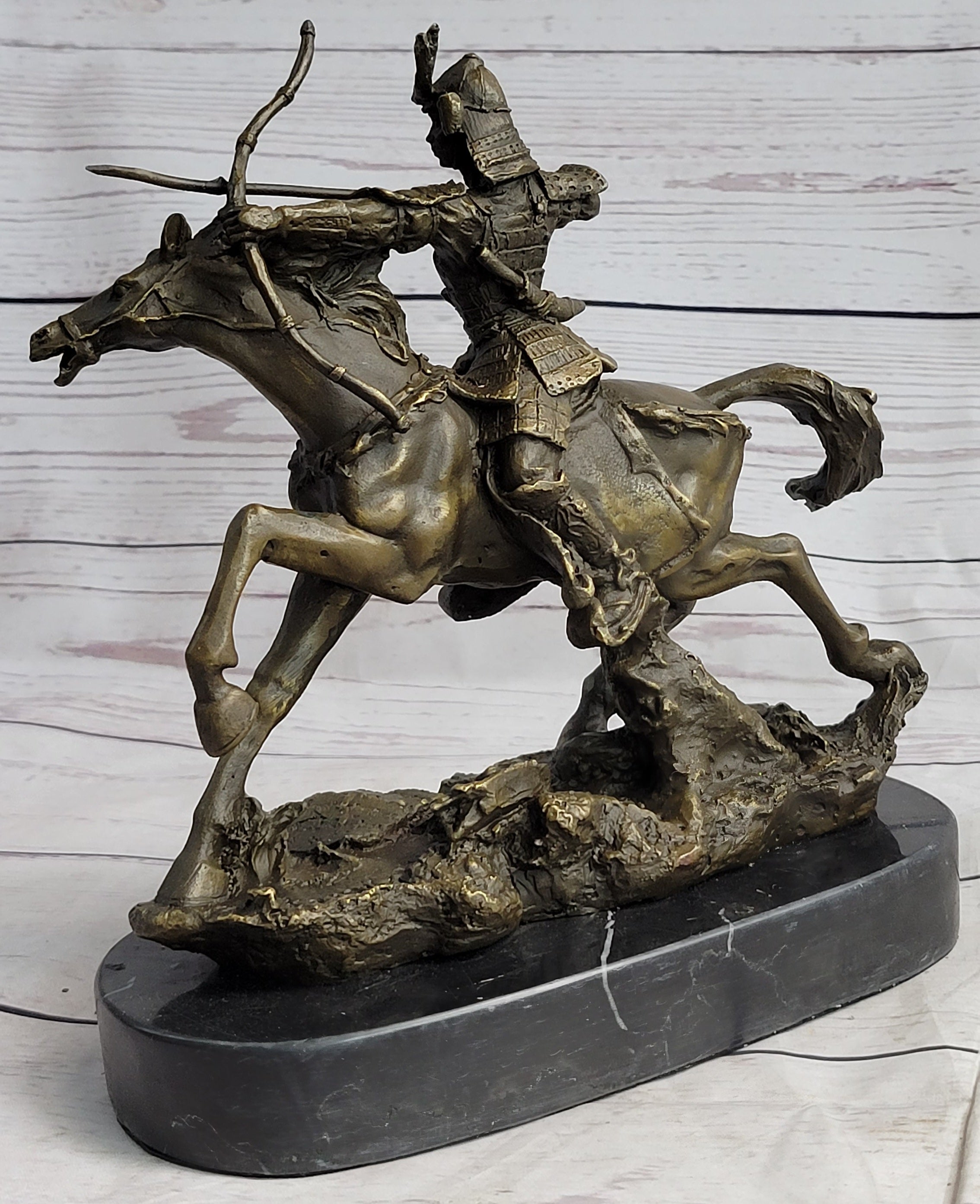 Samurai Warrior on Horse Bronze Sculpture Hot Cast Marble Base