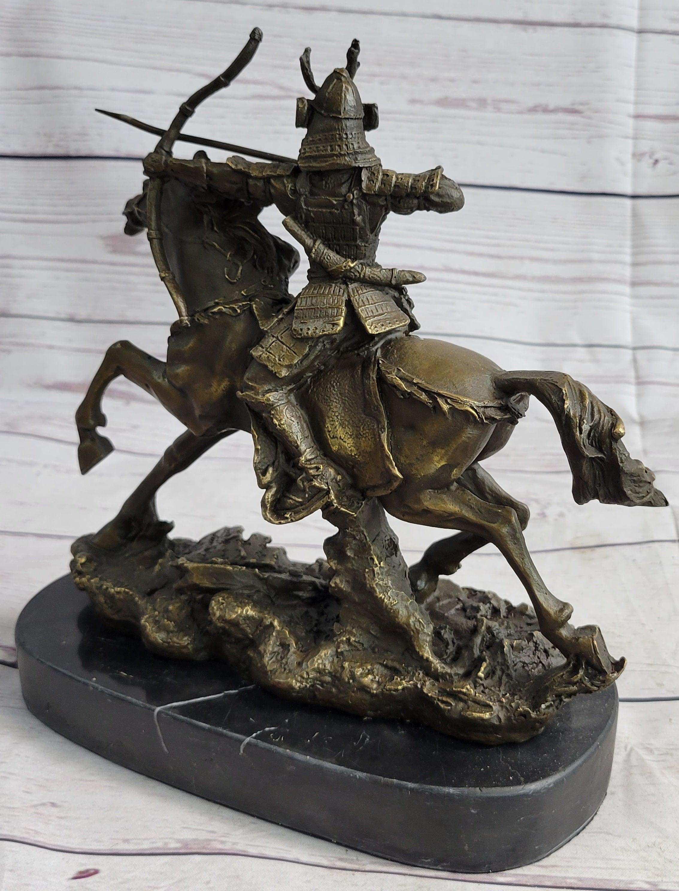 Samurai Warrior on Horse Bronze Sculpture Hot Cast Marble Base