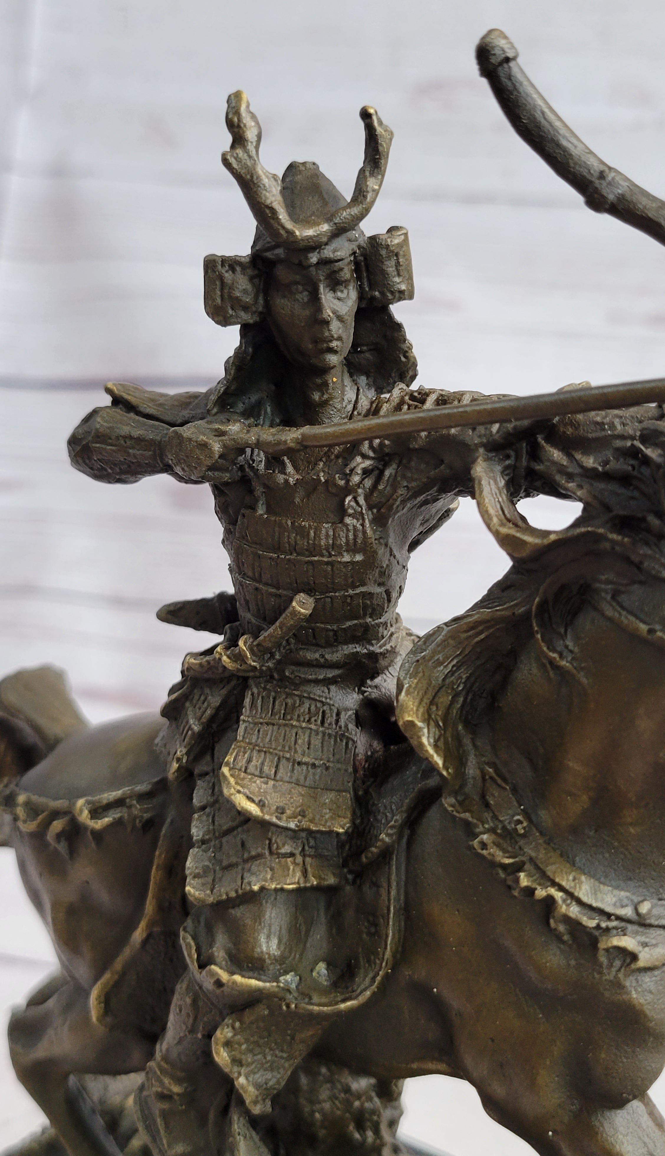 Samurai Warrior on Horse Bronze Sculpture Hot Cast Marble Base