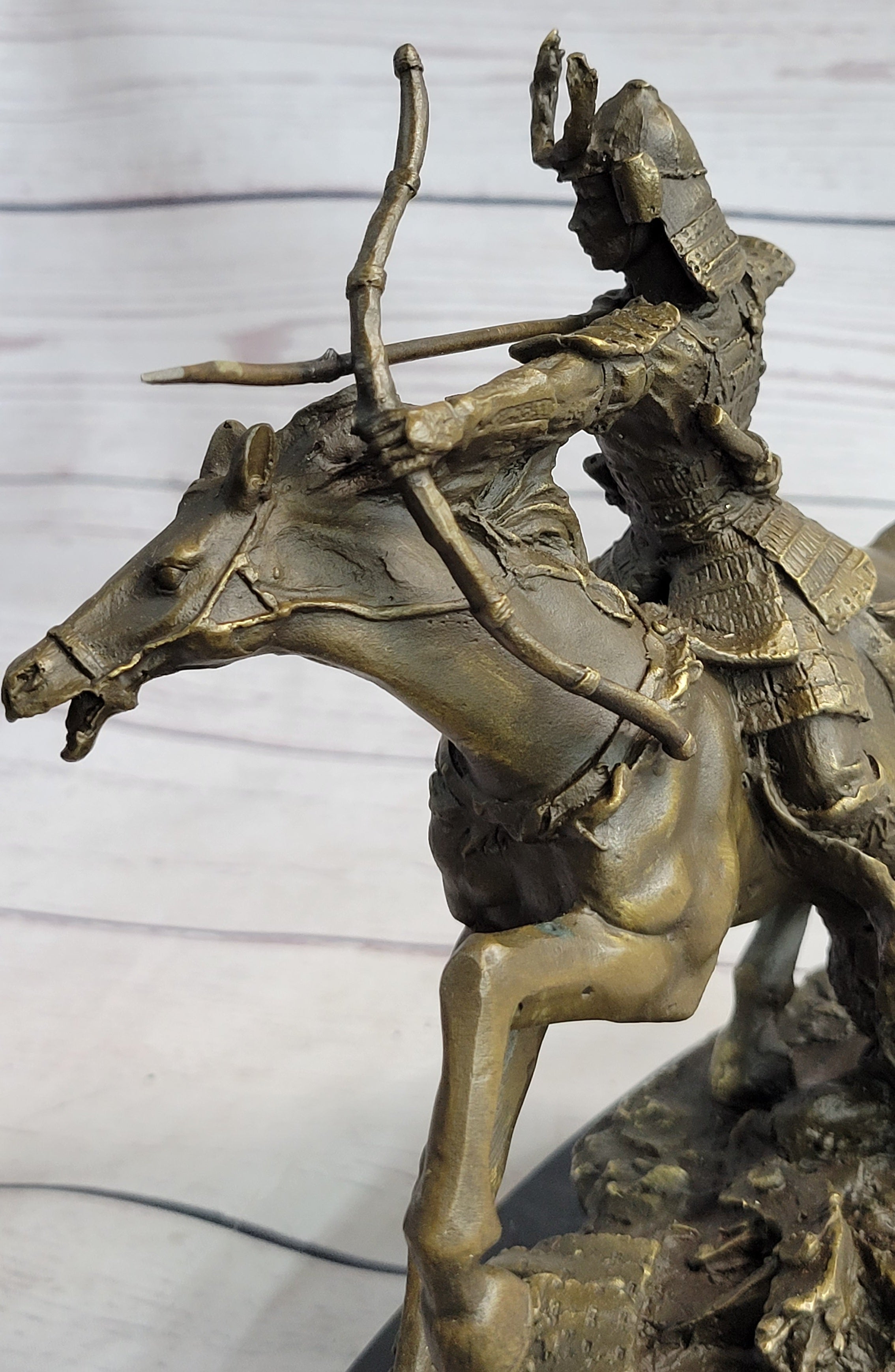 Samurai Warrior on Horse Bronze Sculpture Hot Cast Marble Base