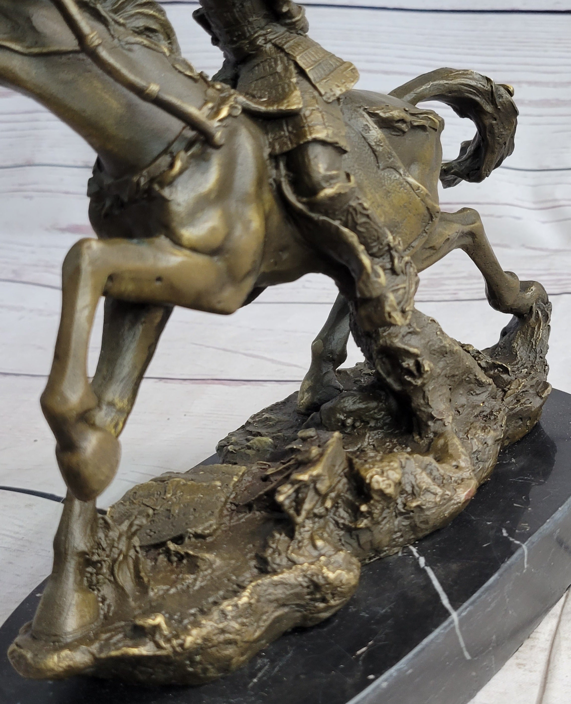 Samurai Warrior on Horse Bronze Sculpture Hot Cast Marble Base