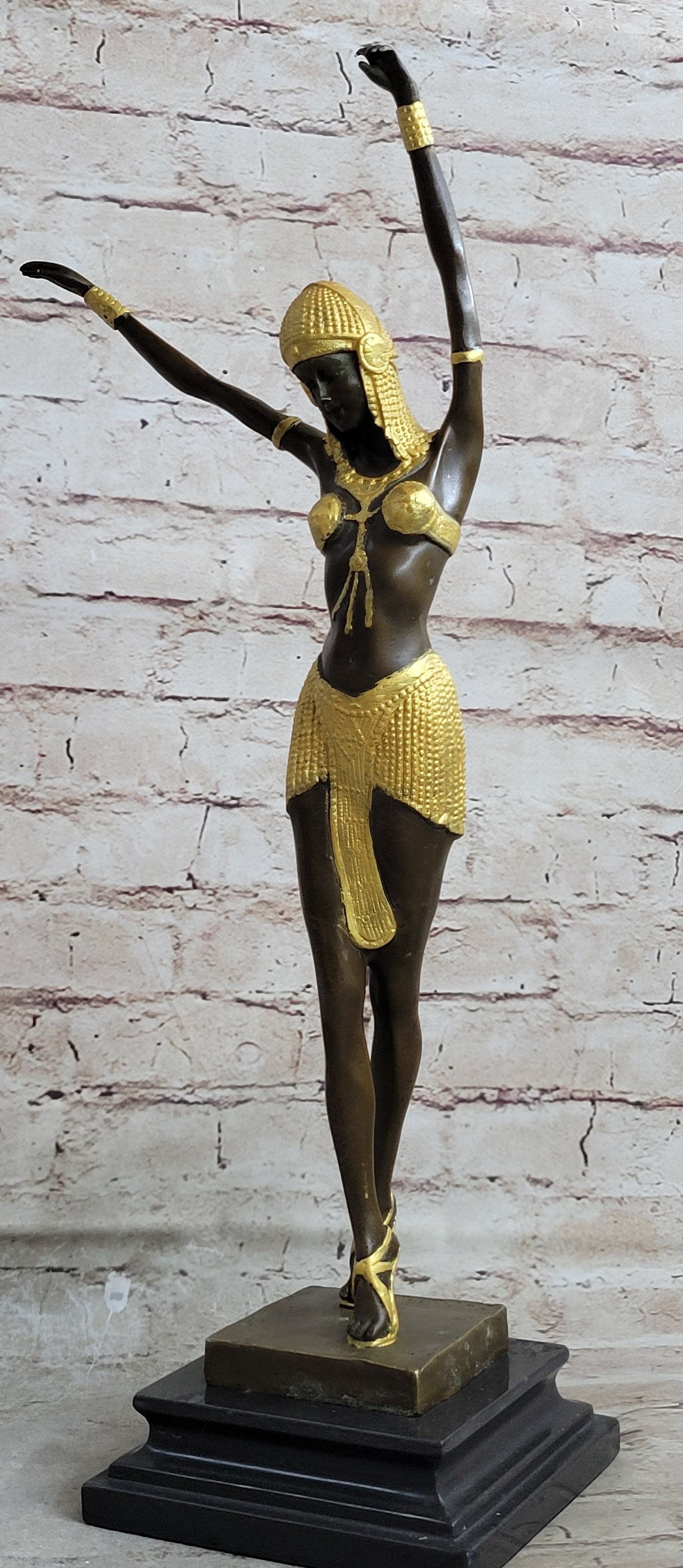 Signed Gold Patina Chiparus Lady Bronze Sculpture on Marble Base