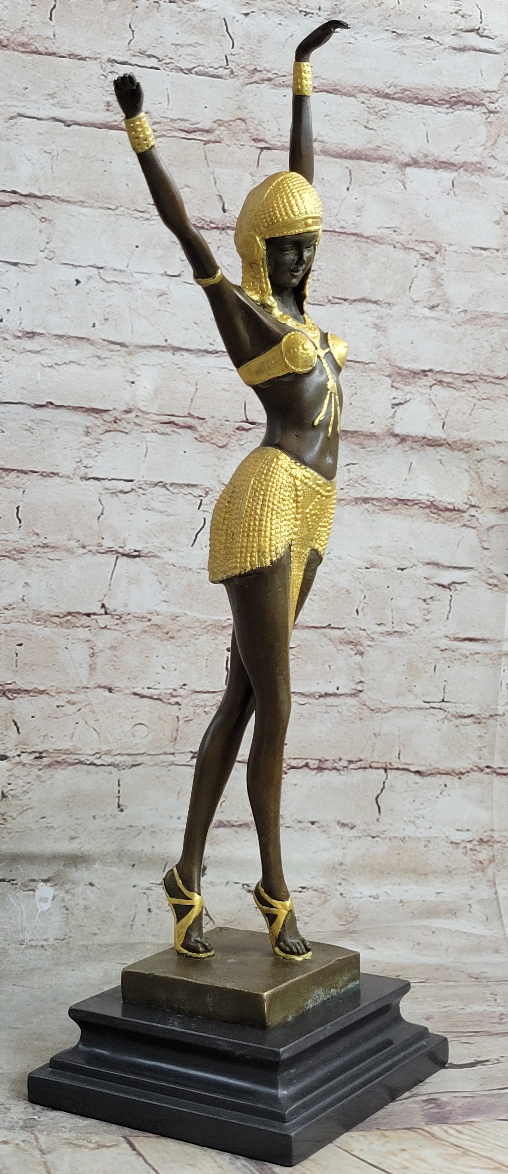 Signed Gold Patina Chiparus Lady Bronze Sculpture on Marble Base