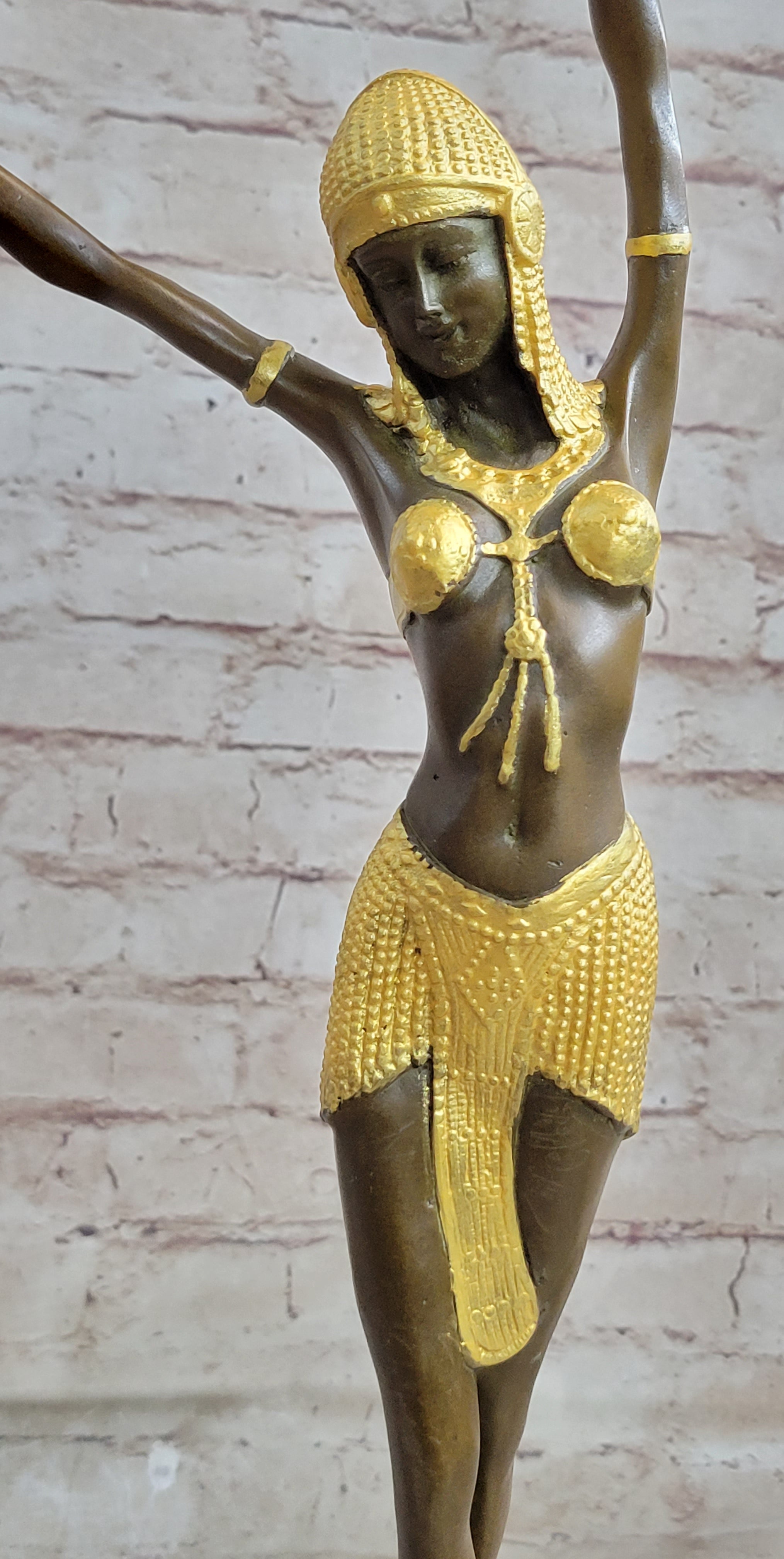 Signed Gold Patina Chiparus Lady Bronze Sculpture on Marble Base