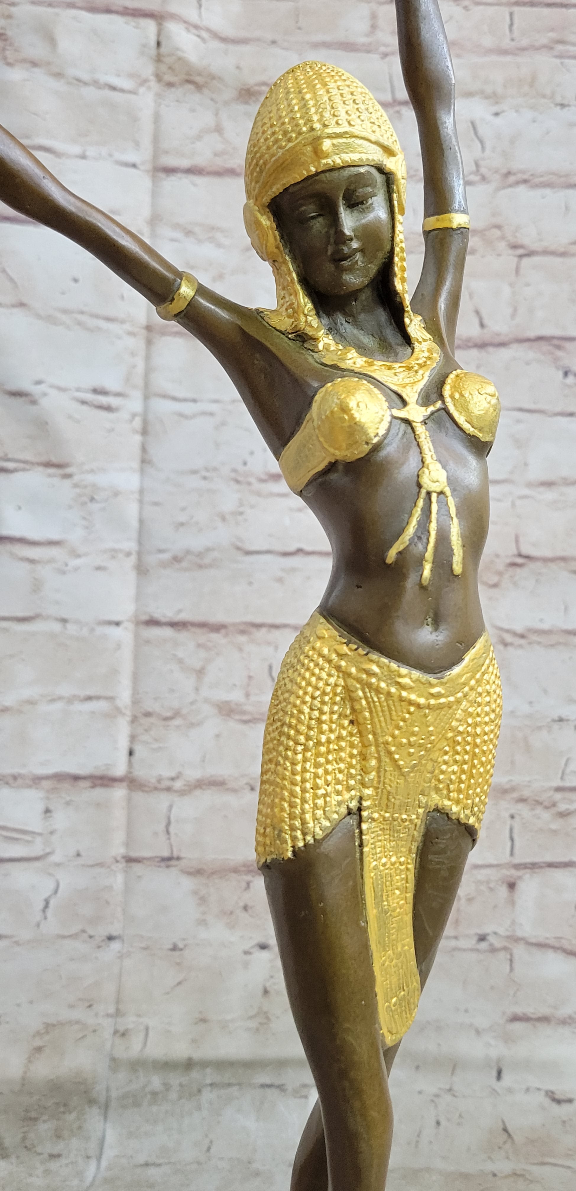 Signed Gold Patina Chiparus Lady Bronze Sculpture on Marble Base