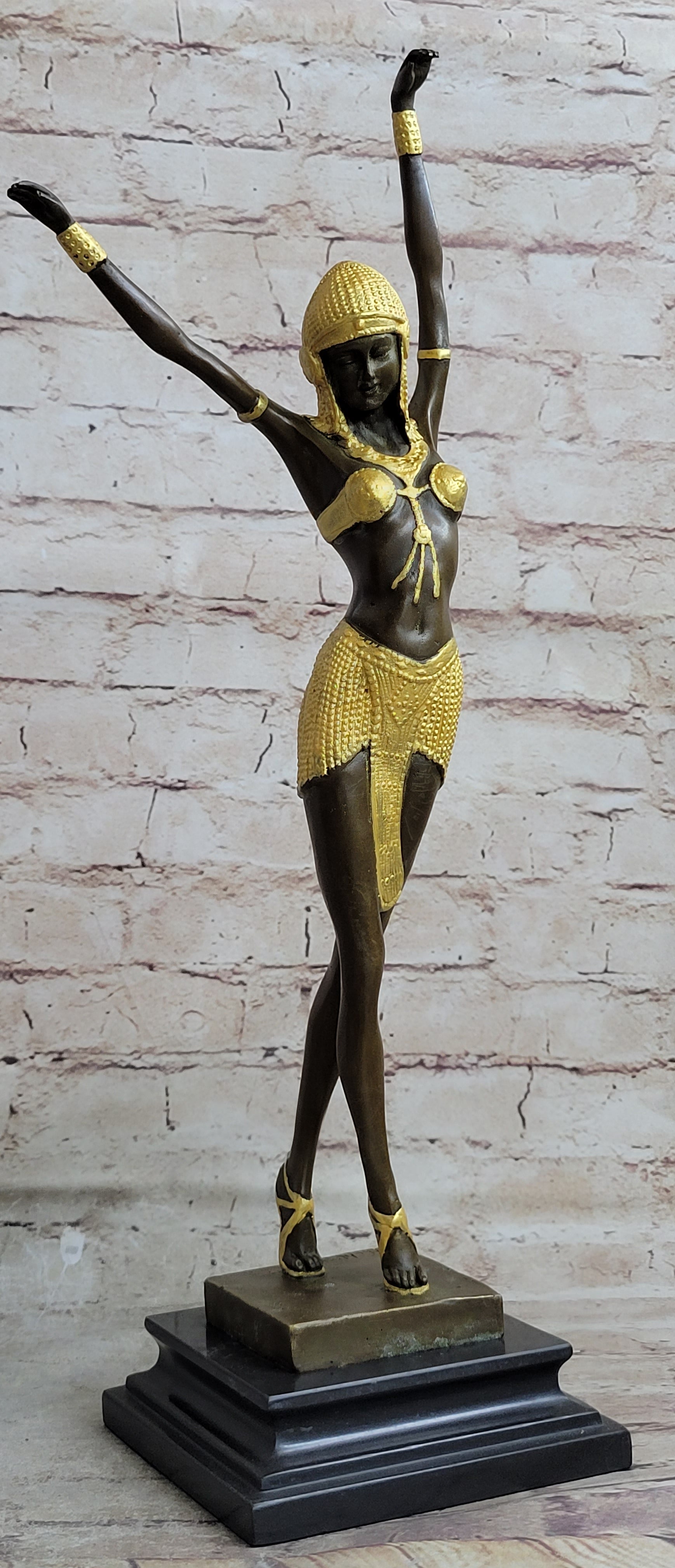 Signed Gold Patina Chiparus Lady Bronze Sculpture on Marble Base