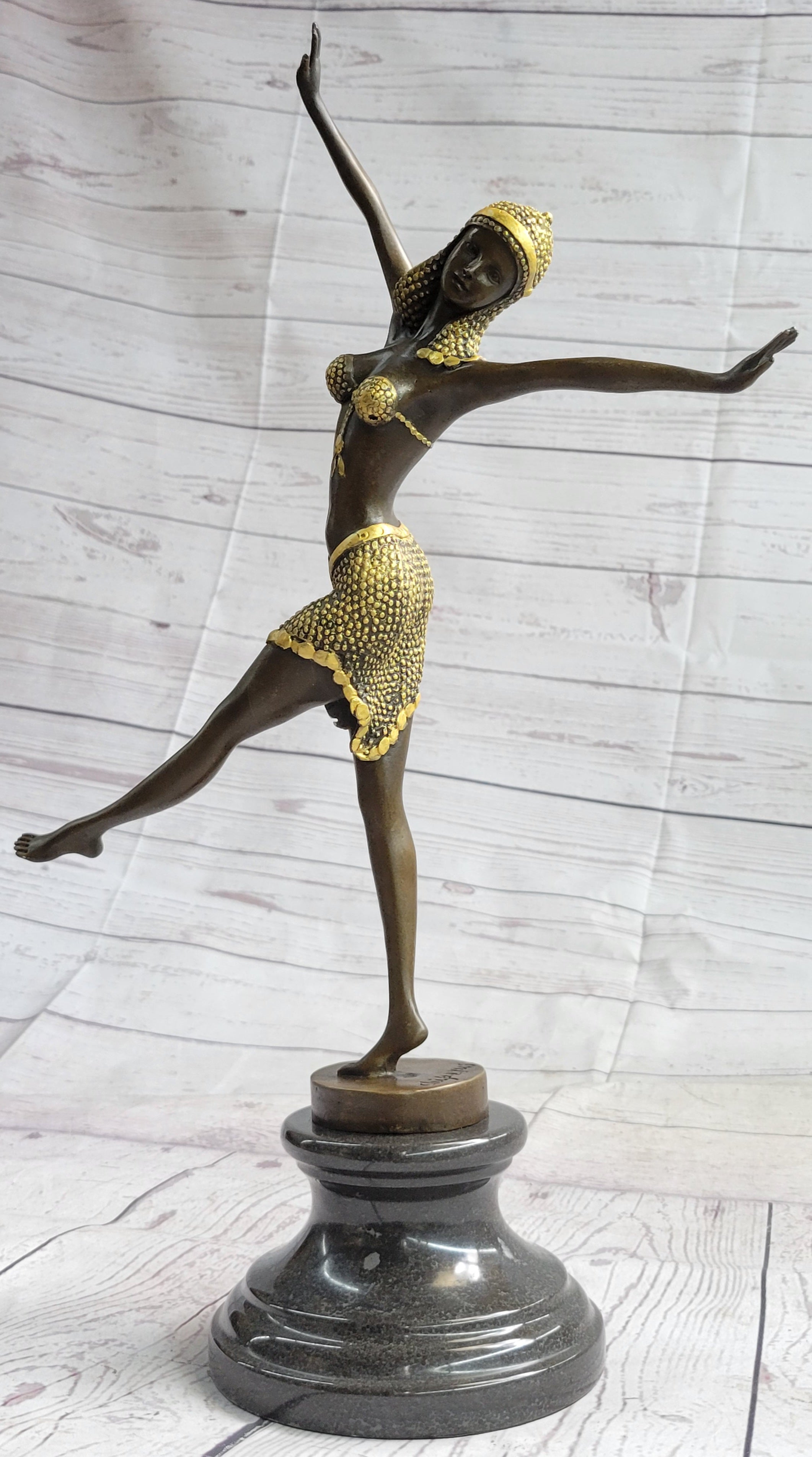 Gold Patina Chiparus Exotic Dancer Bronze Sculpture Marble Base