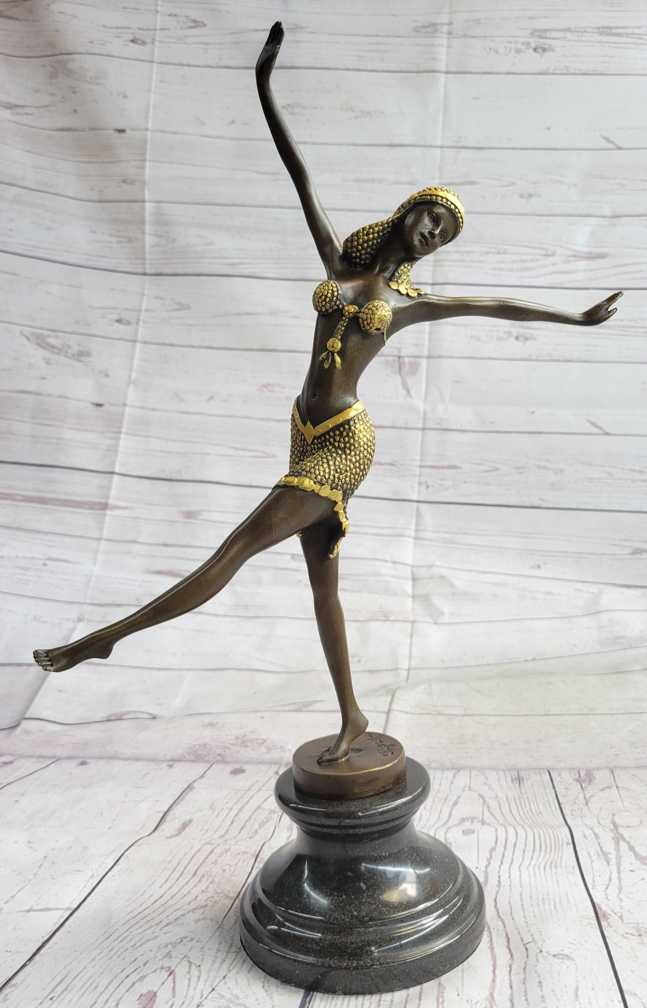 Gold Patina Chiparus Exotic Dancer Bronze Sculpture Marble Base
